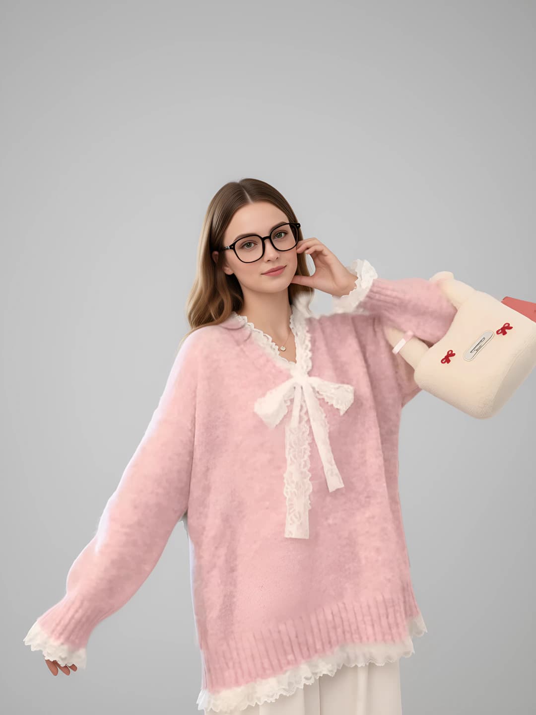Women's lace and bow pattern loose fit long sleeve V-neck knit top, casual style, mid-length, spring-autumn
