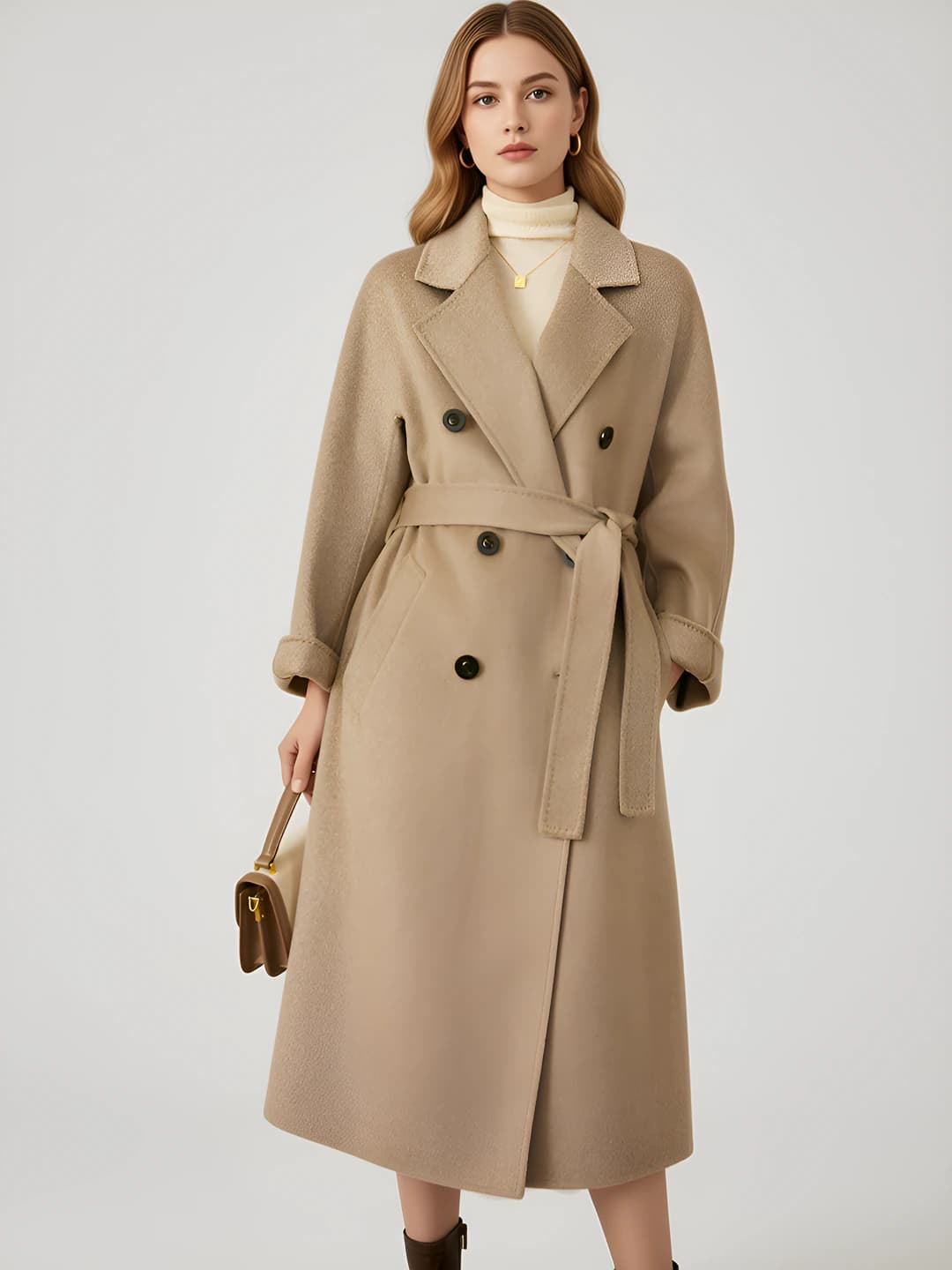 Women's cashmere coat: autumn-winter, lapel collar, long sleeve, long, solid colour, hand stitching, double-breasted closure, business style