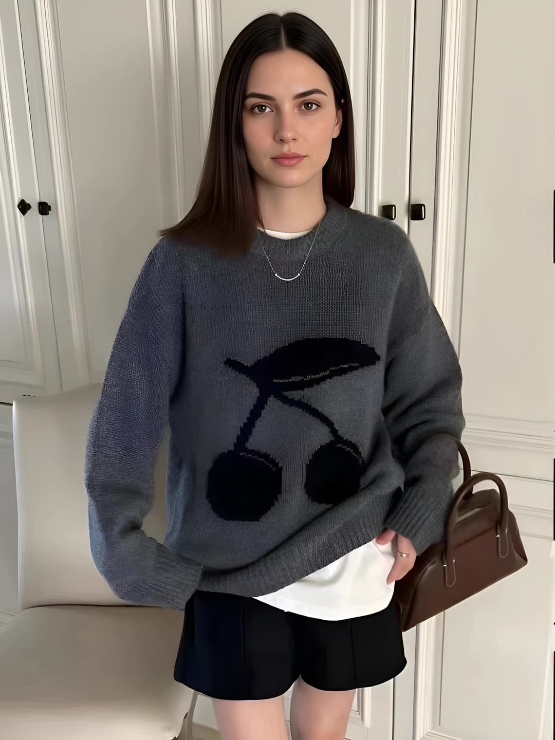 Women's crew neck sweater, long sleeve, loose fit, winter, geometric pattern, soft