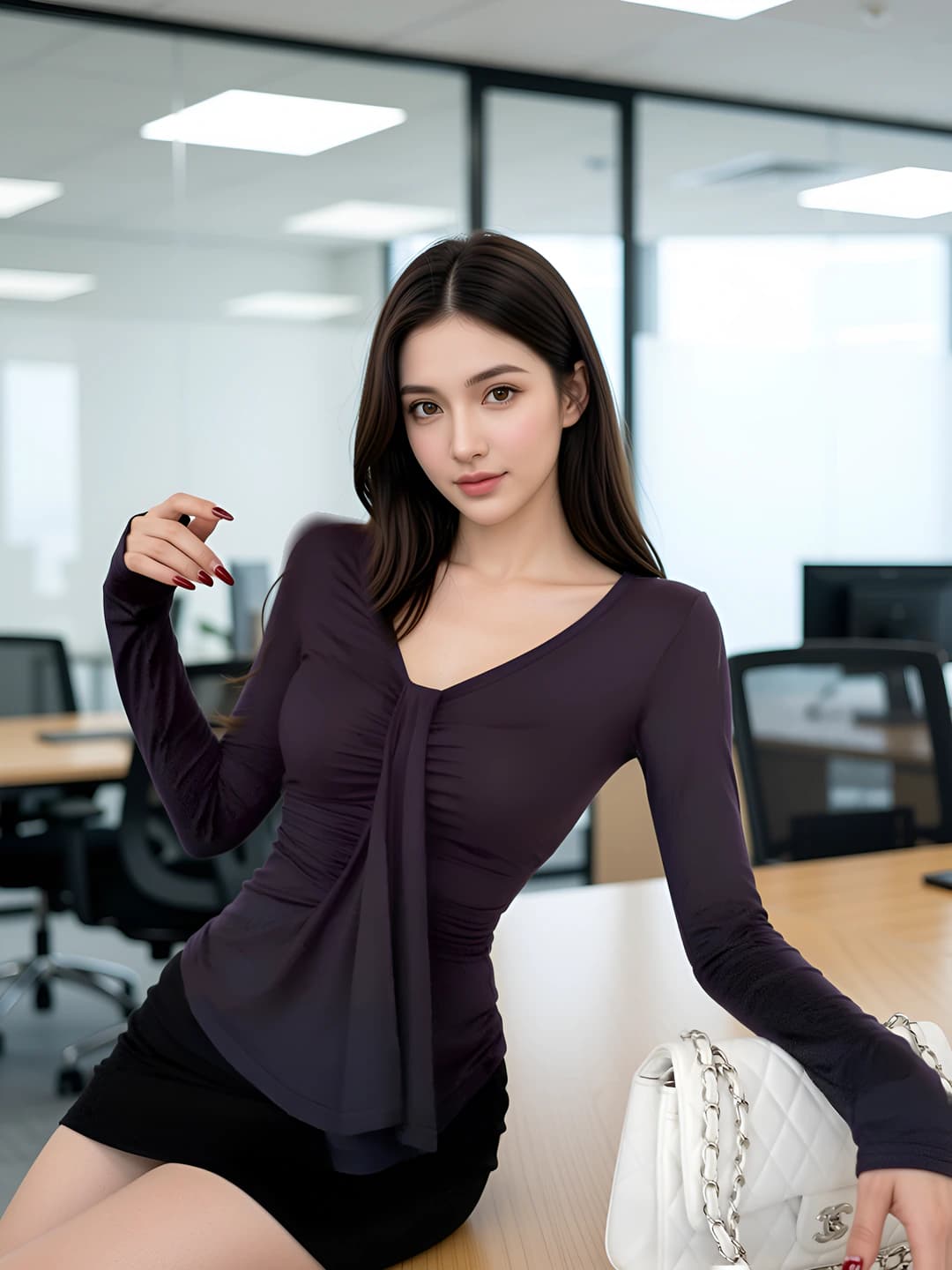 Women's autumn long-sleeve base top with V-neck, slim fit, solid colour