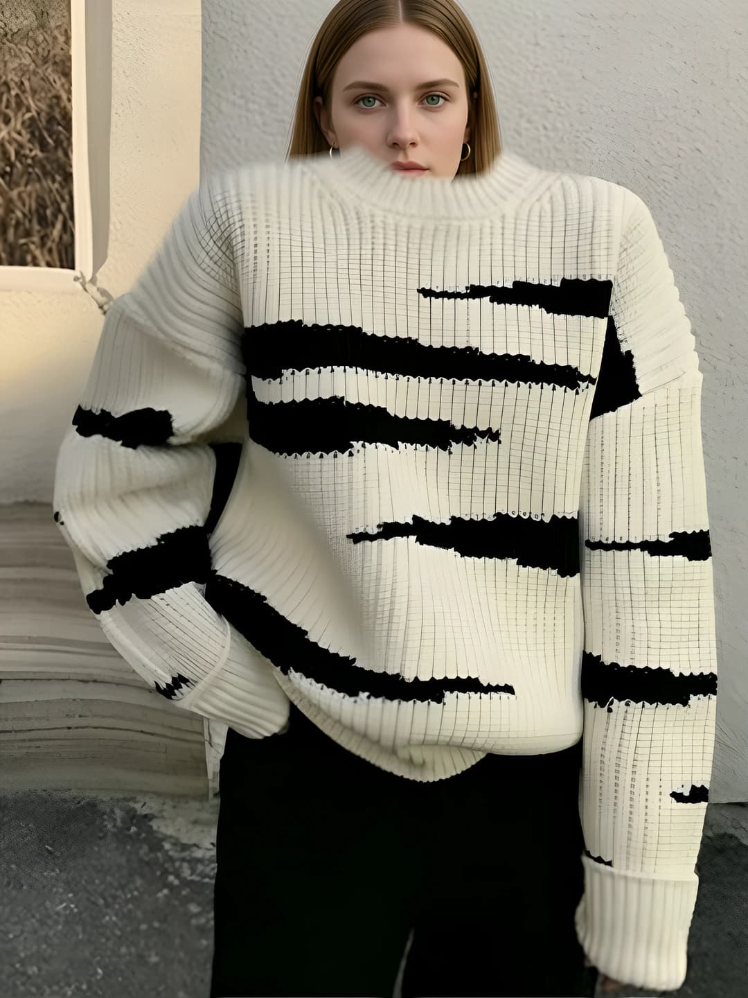 Women's knit sweater 2026 spring-autumn striped loose fit crew neck long sleeve