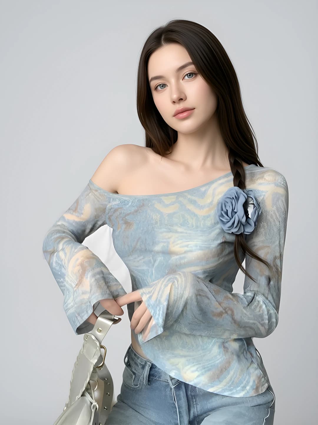 Women's off-shoulder long-sleeve mesh top, slim fit, summer, printed, retro style, sun-protective