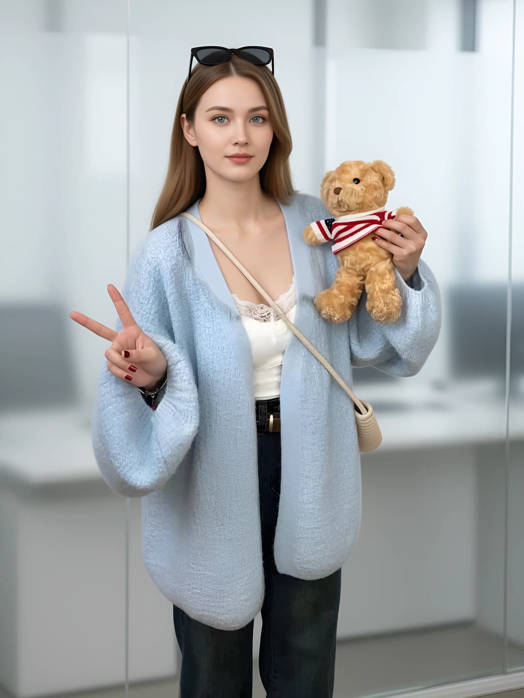 Women's spring-autumn loose fit cardigan, V-neck, long sleeve, solid colour, no closure