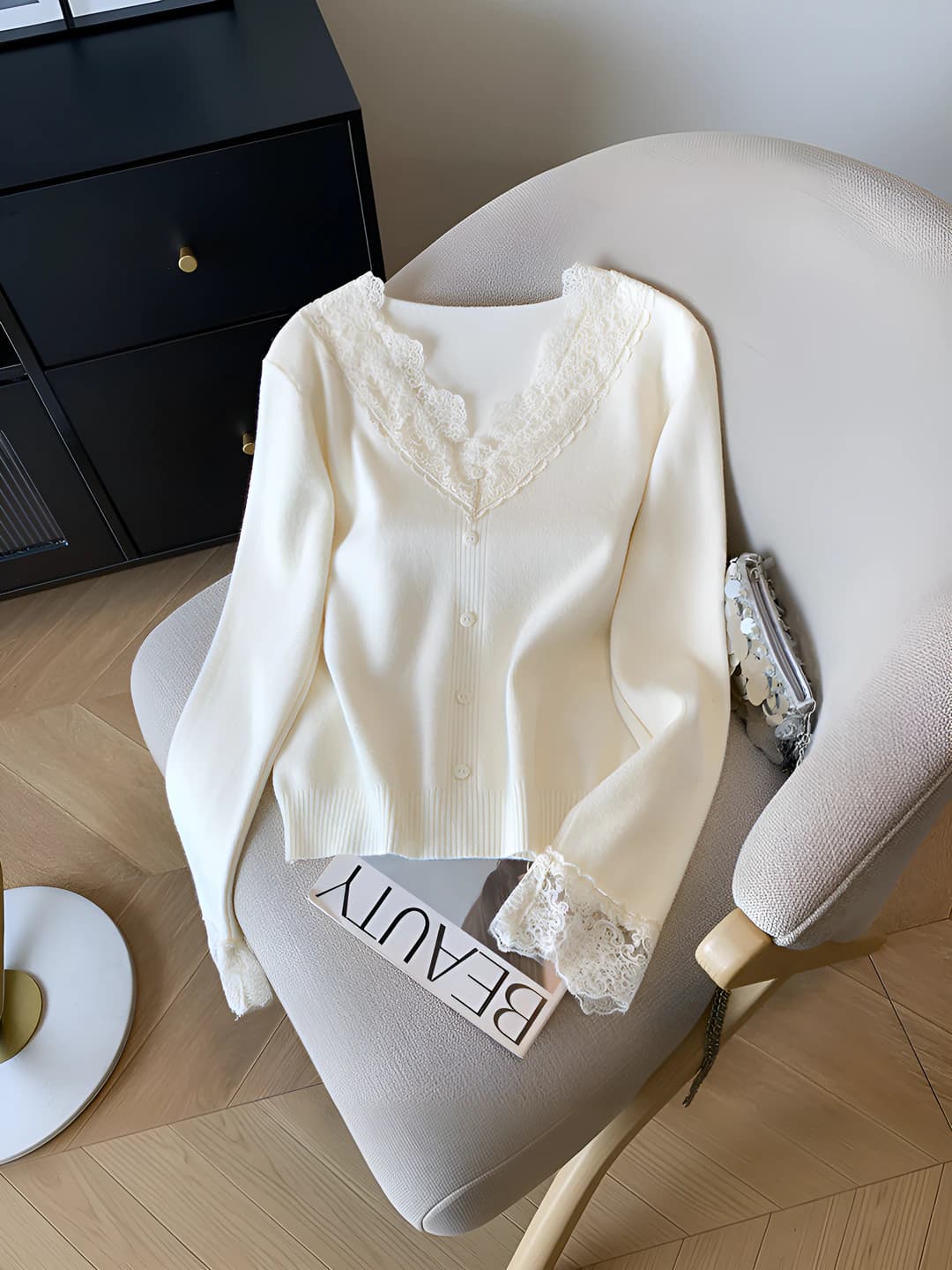 Women's lace-trimmed knit cardigan, V-neck, long sleeve, loose fit, cropped, spring 2026