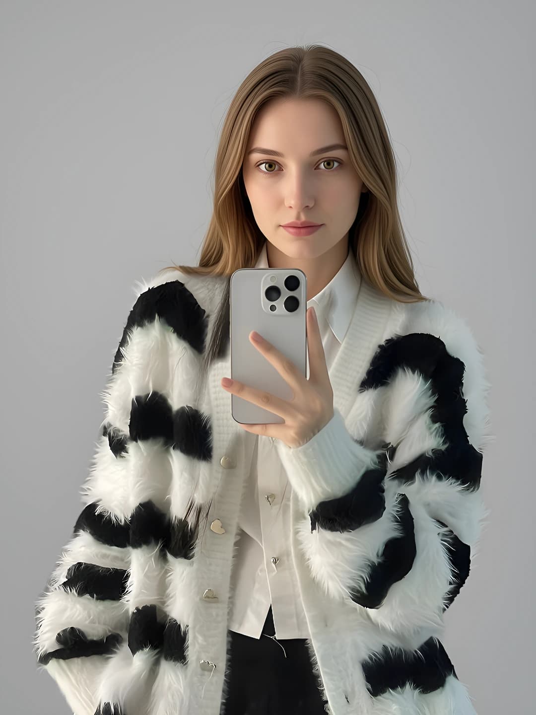 Women's autumn knit cardigan: V-neck, long sleeve, striped, loose fit, medium thickness, acrylic fabric, single button