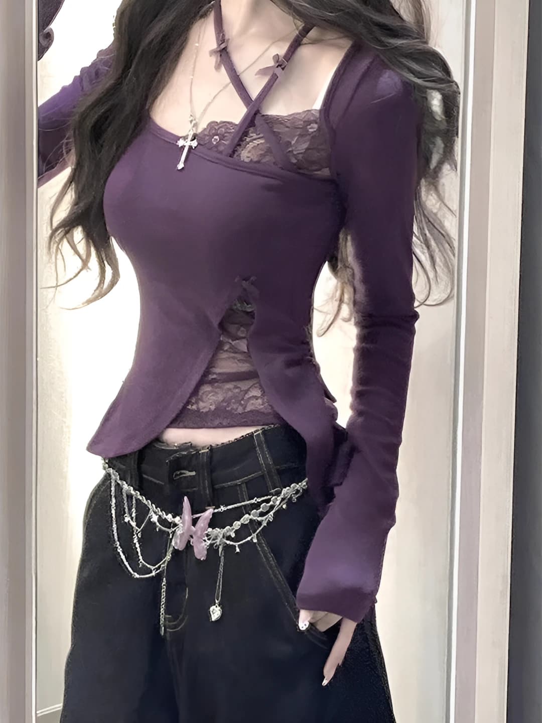 Women's autumn lace-splitted long-sleeve slim fit V-neck cropped crop top