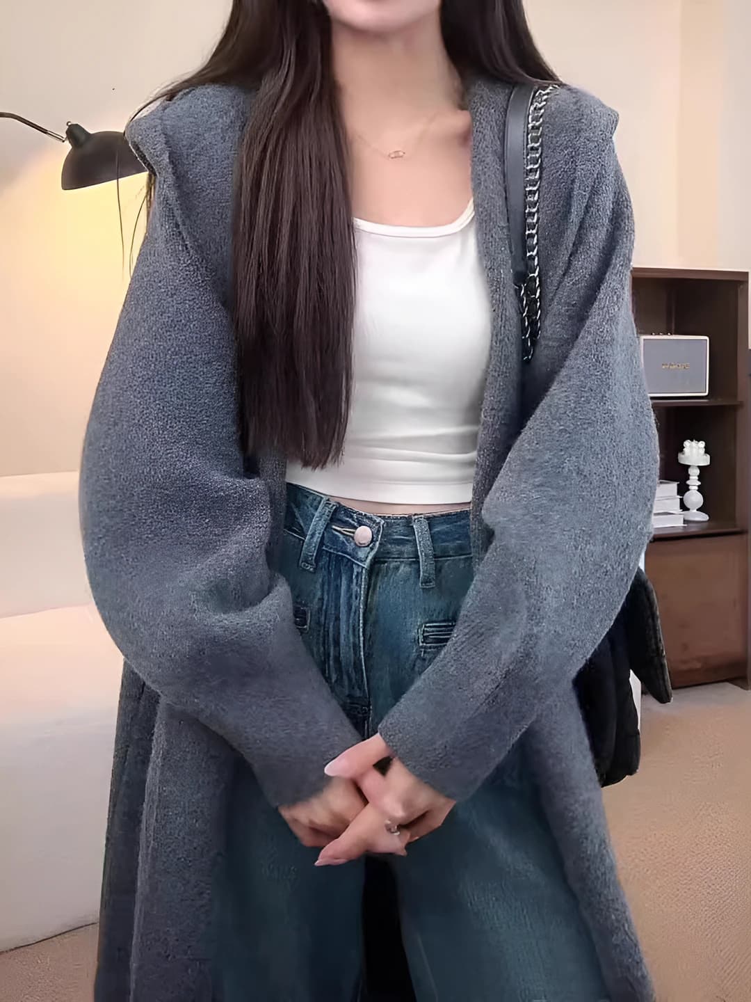 Women's 2026 autumn-winter knit cardigan, mid-length, loose fit, slimming, solid colour, long sleeve, batwing sleeve, hooded collar, casual Japanese-Korean style