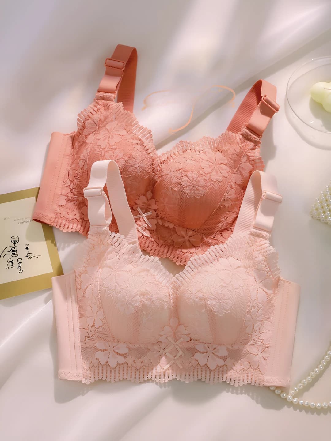 Women's lace bra: thin, breathable, seamless, nylon, push-up, side support, anti-sagging, wire-free