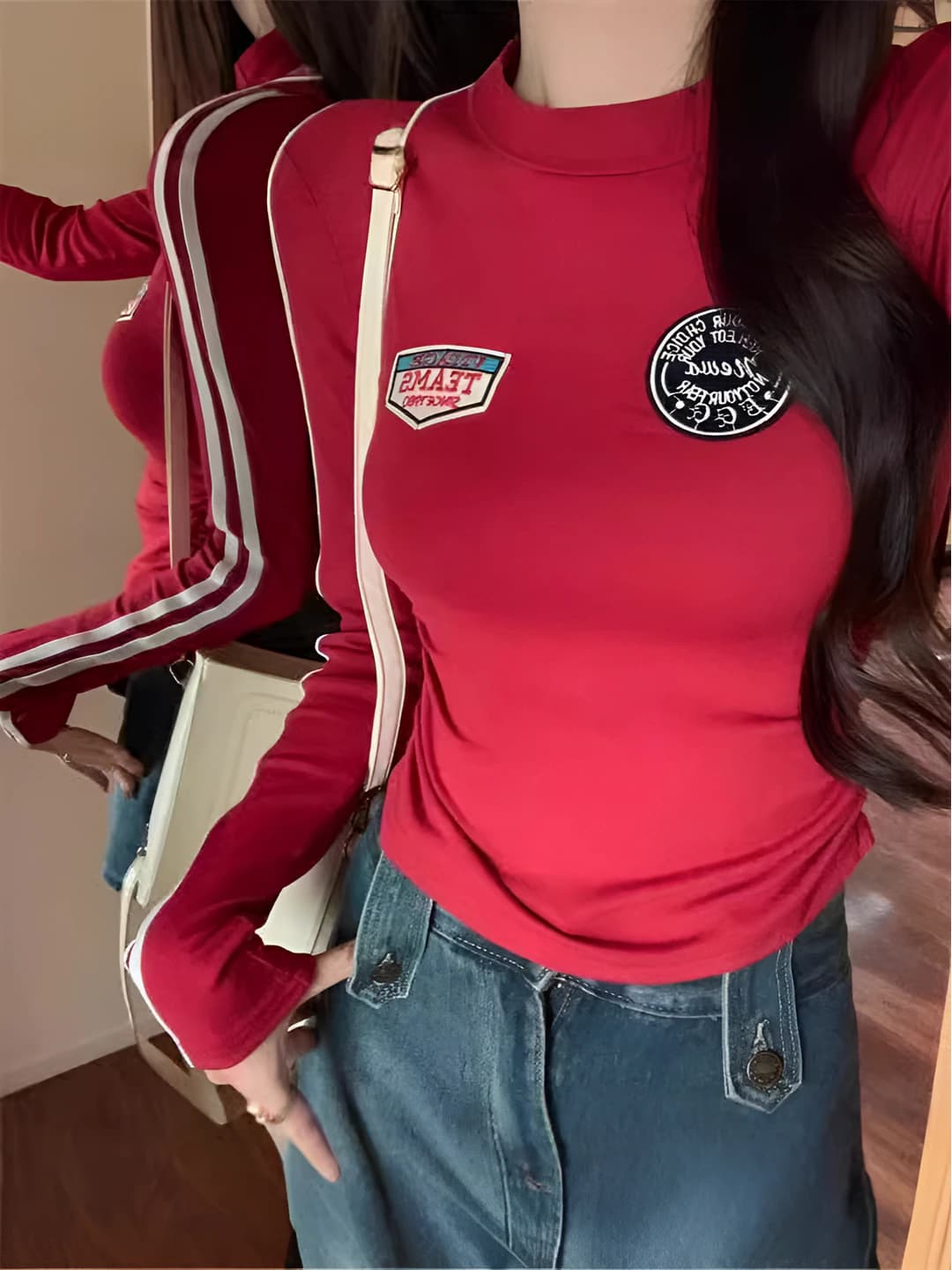Women's retro red striped long-sleeve base top, 2026 autumn slim fit cropped t-shirt
