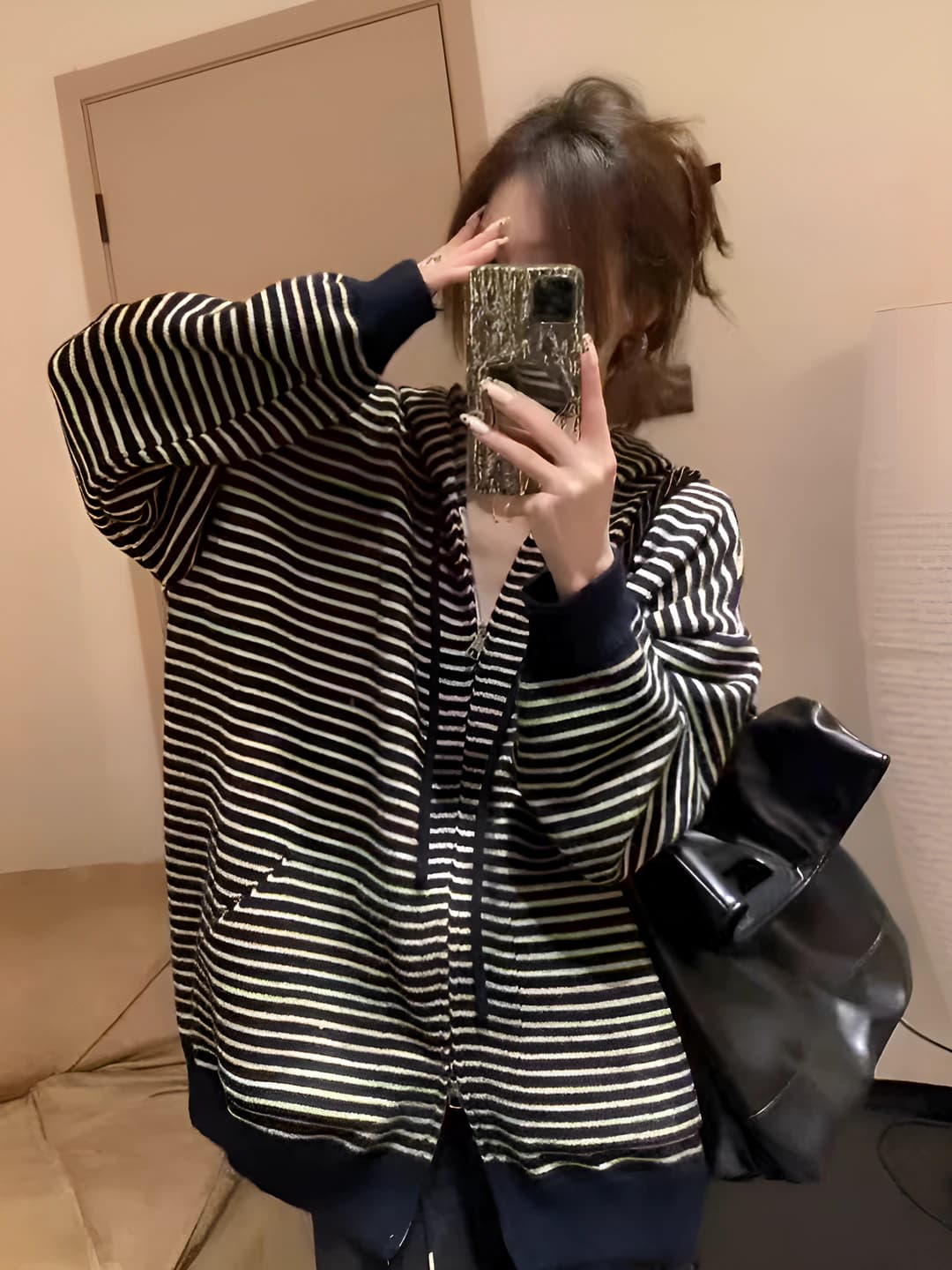 Women's striped zip knit cardigan, loose fit, long sleeve, autumn-winter