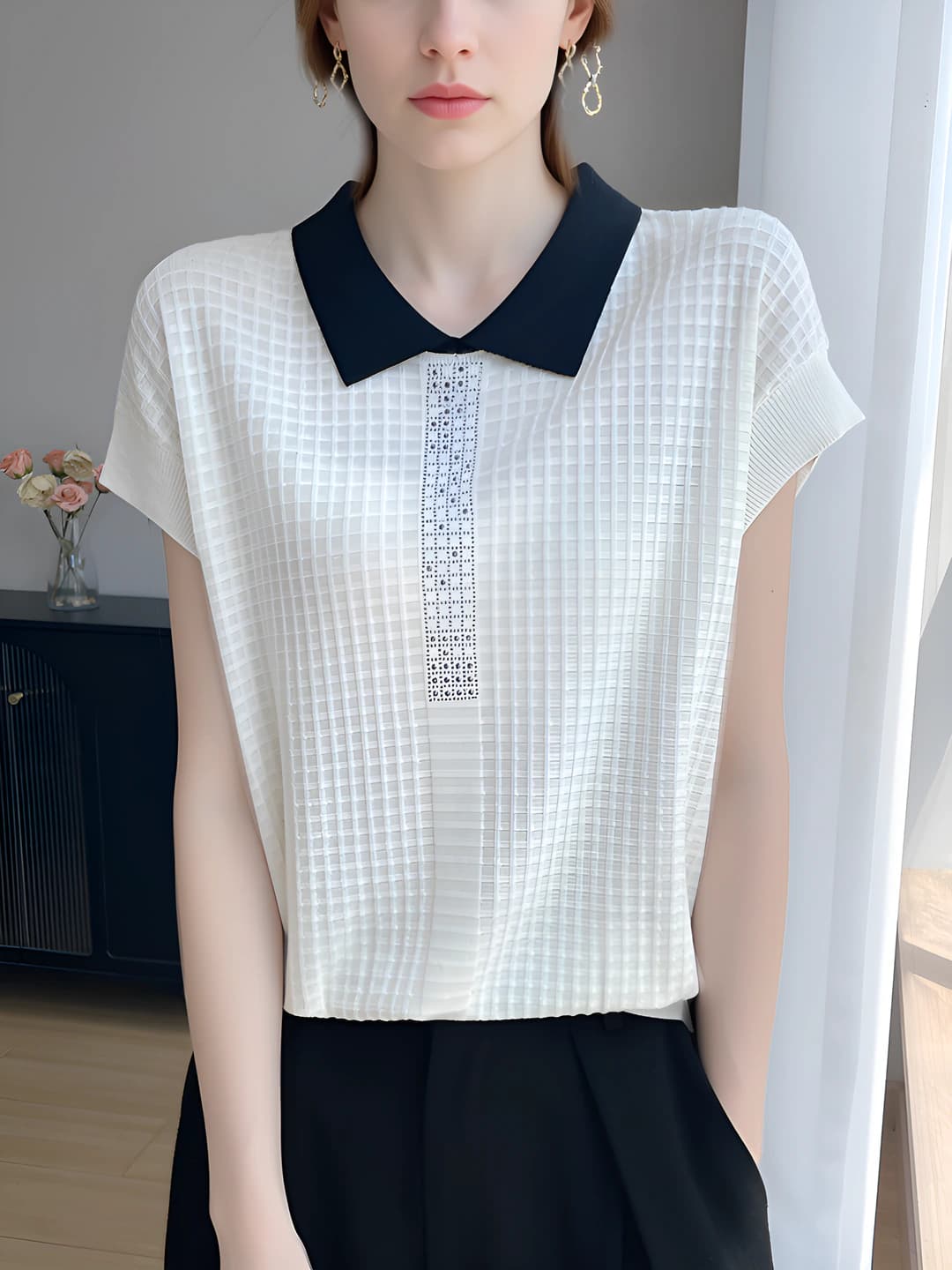 Women's short sleeve waffle t-shirt, Peter Pan collar, Tencel fabric, cropped, loose fit