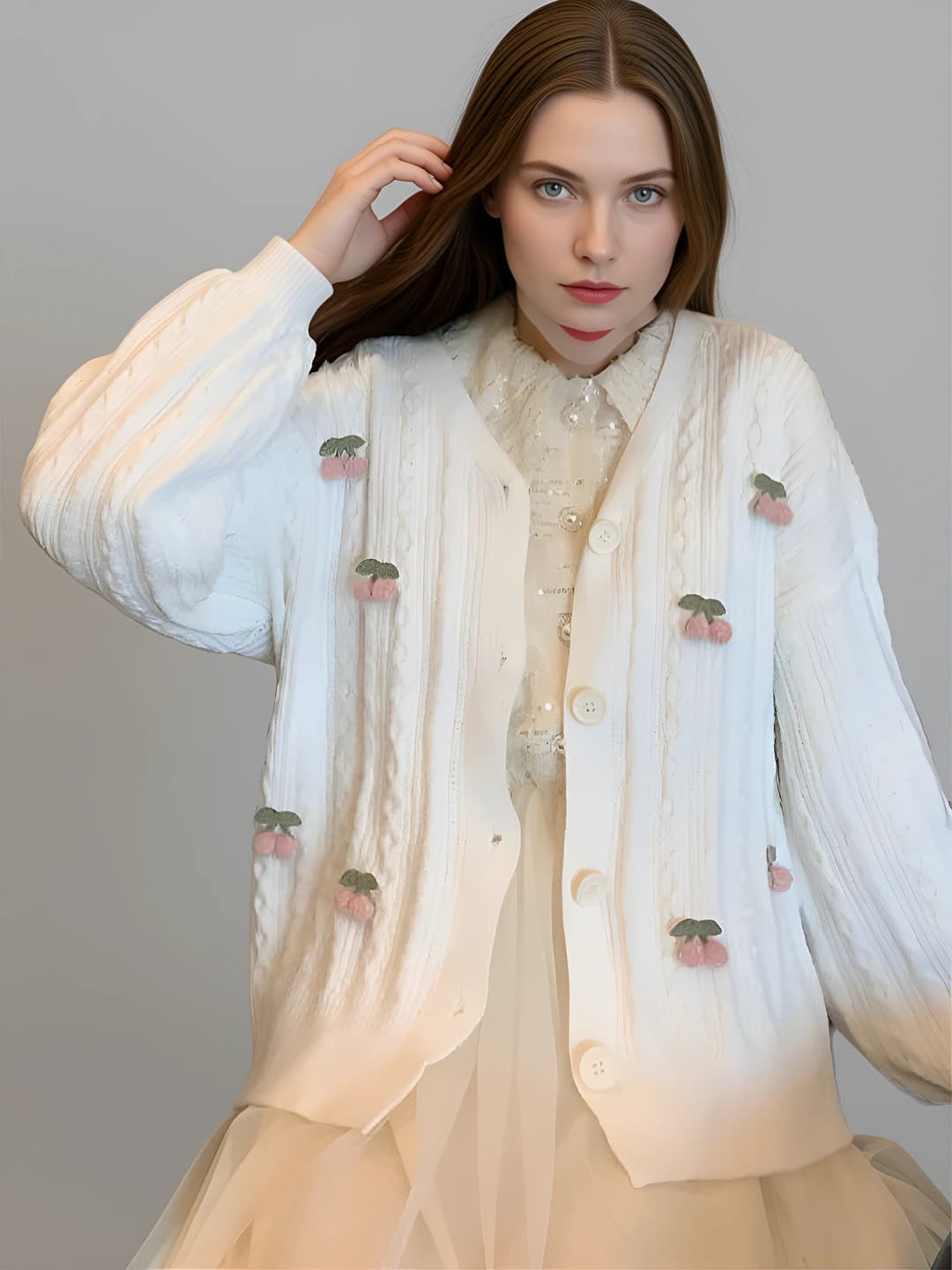 Women's autumn-winter 3D cherry pattern knit cardigan, V-neck, long sleeve, button closure
