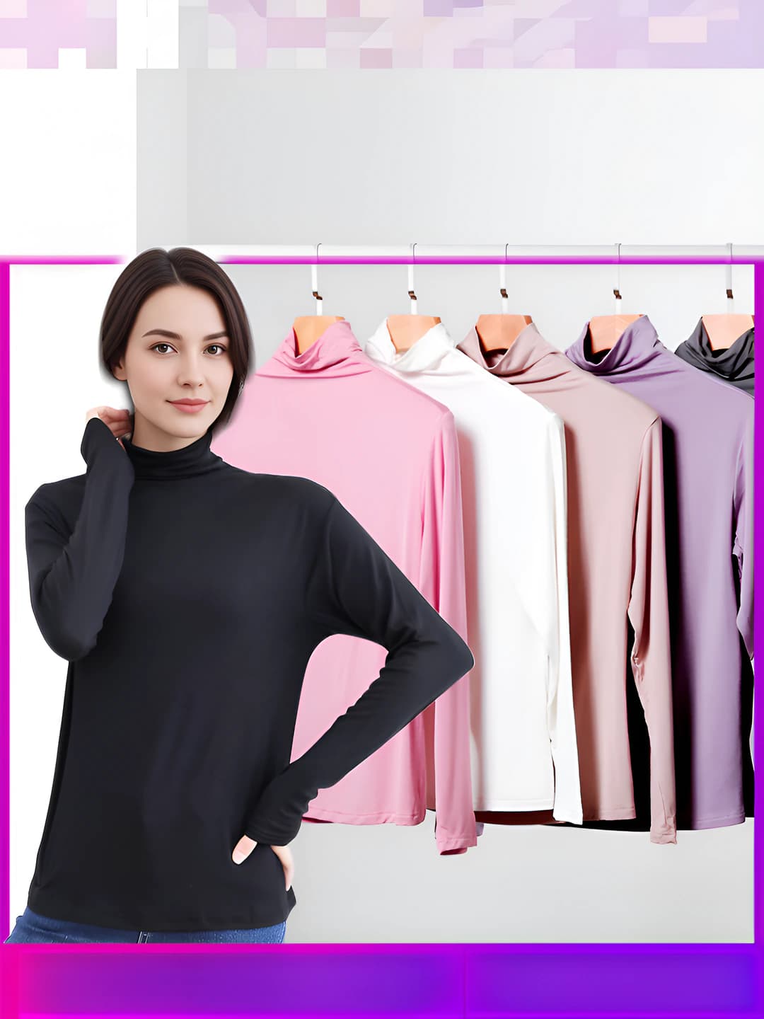 Women's Korean style long sleeve mock neck slim fit solid colour longsleeve
