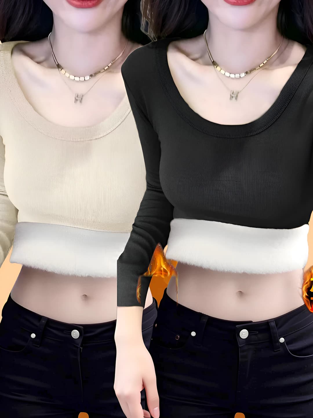 Women's winter warm fleece-lined thickened slim fit crew neck long sleeve thermal underwear top