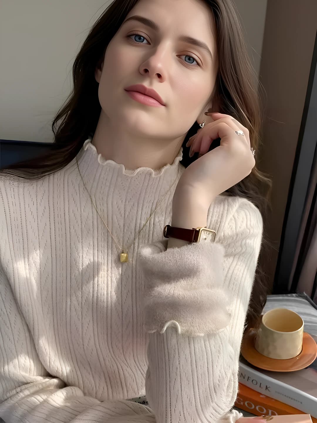 Women's retro fleece-lined thickened mock neck long sleeve sweater for autumn-winter
