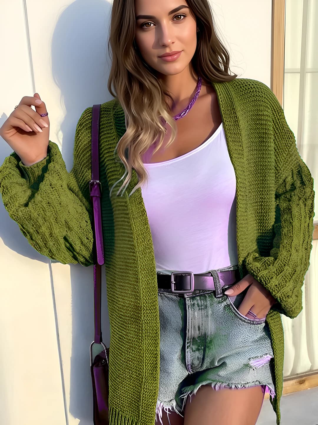 Women's solid colour knit cardigan, autumn-winter 2026, mid-length, loose fit, long sleeve, cotton and polyester fabric