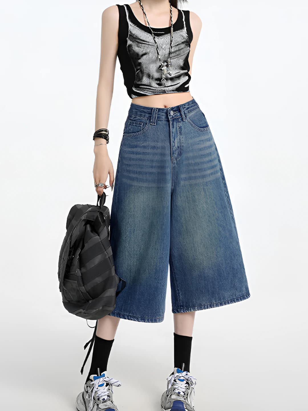 Women's spring-summer capri jeans, high waist, straight cut, loose fit, wide and flared