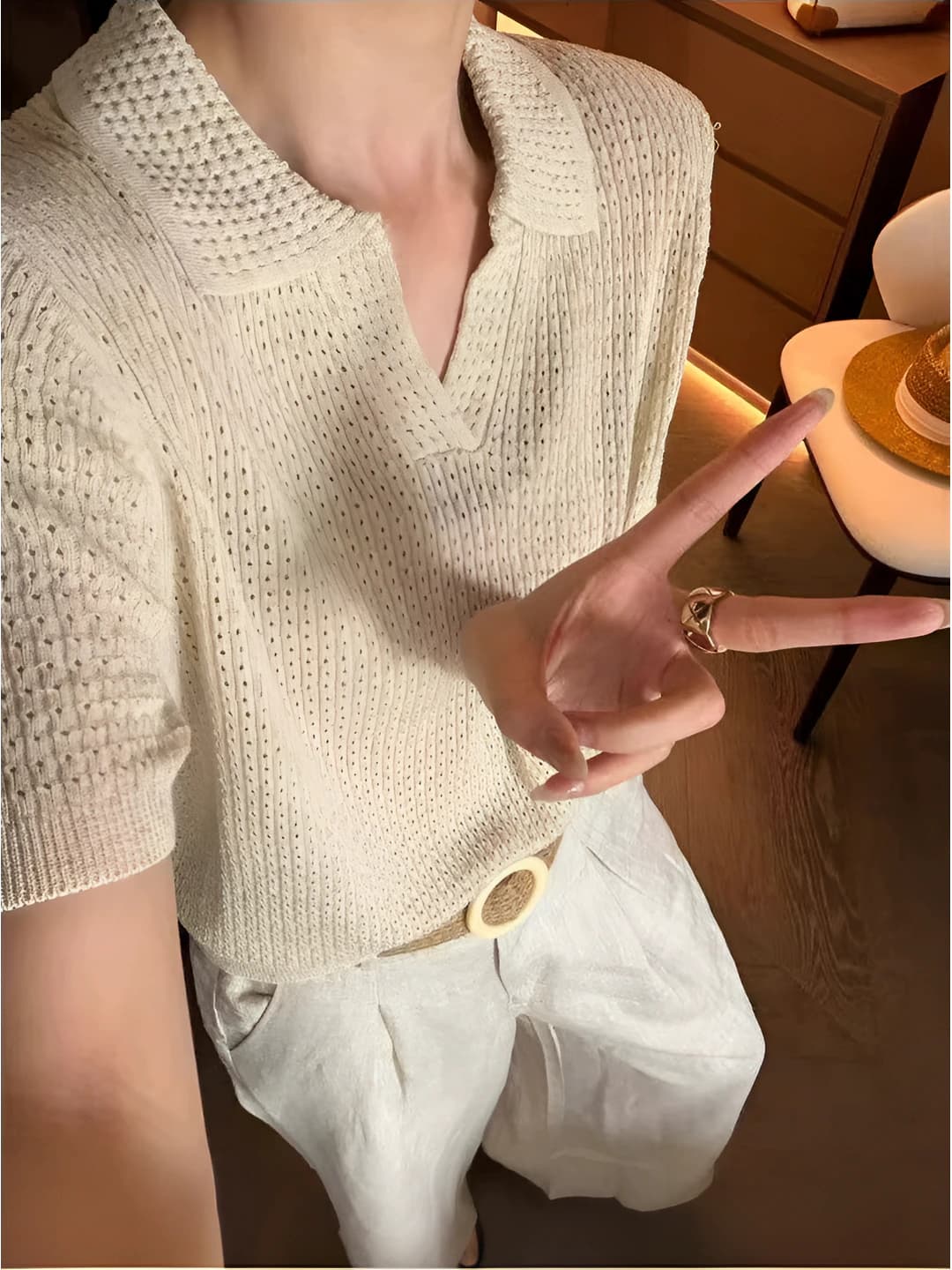 Women's summer knitted short-sleeve top with POLO collar, solid colour, thin, slimming