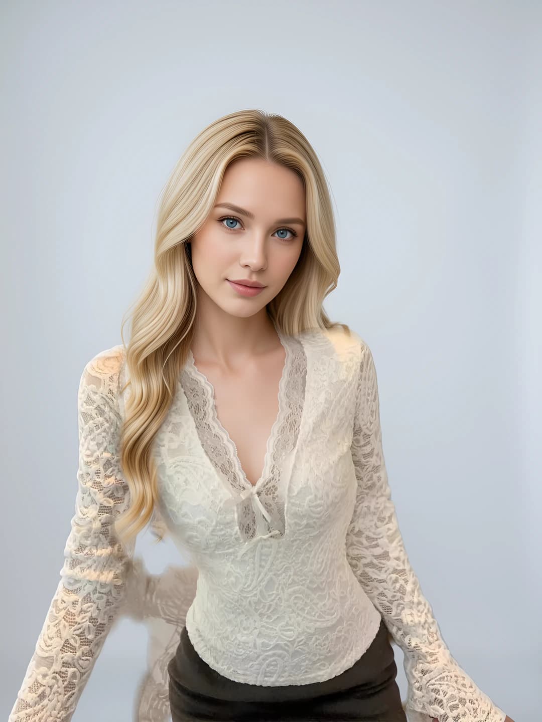 Women's lace V-neck long sleeve longsleeve, slim fit, slimming, solid colour, cropped