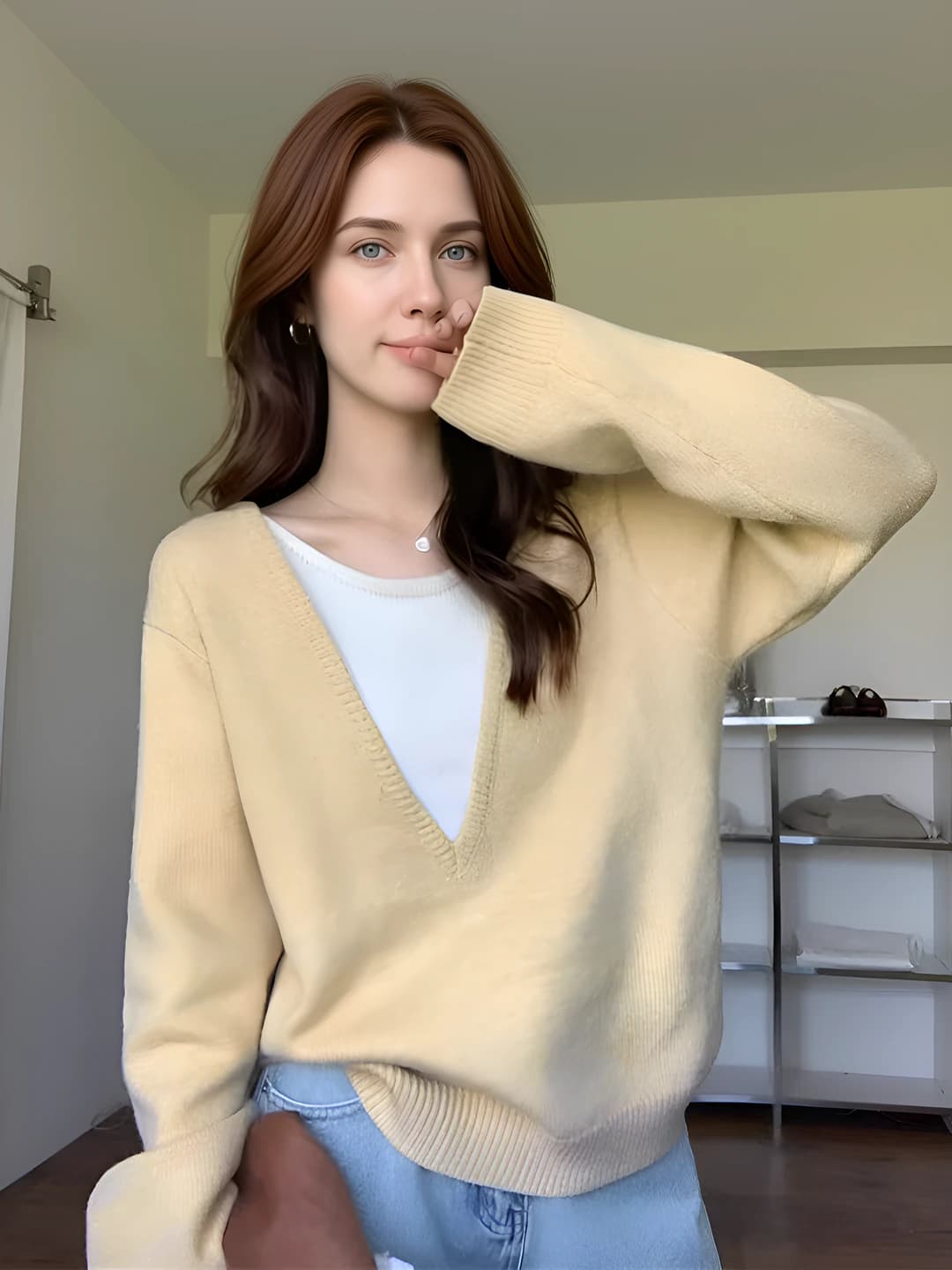 Women's V-neck knit sweater, solid colour, loose fit, long sleeve, early autumn