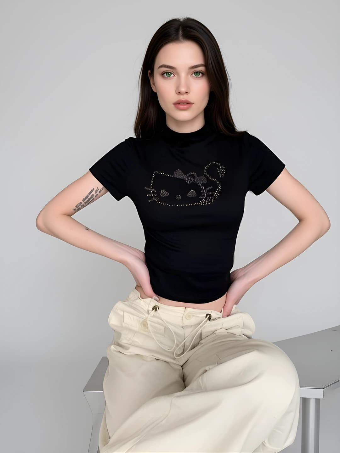 Women's summer short sleeve t-shirt, slim fit, mock neck, red color