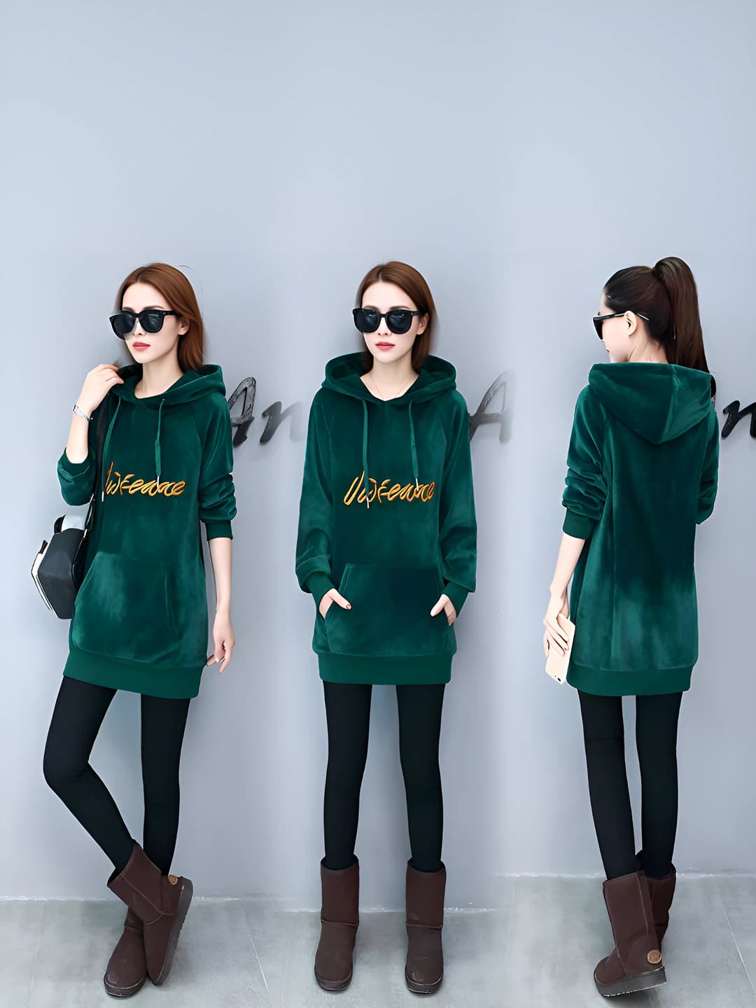 Women's hoodie, Korean style, loose fit, long sleeve, mid-length, printed, autumn-winter
