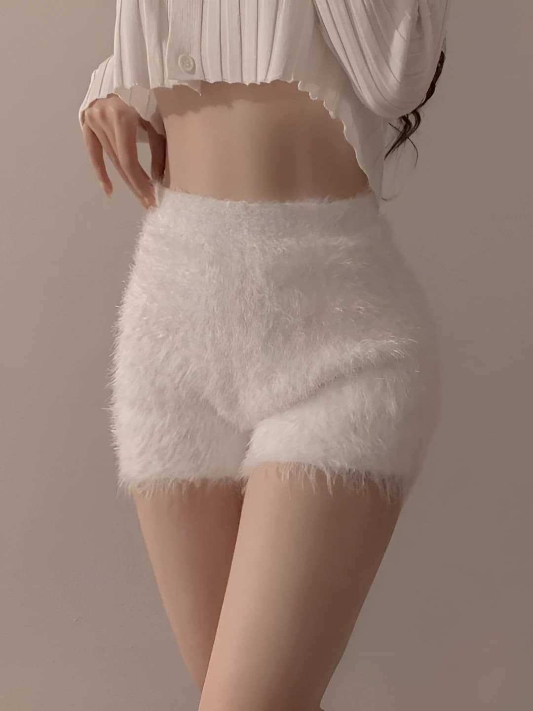 Women's faux mink fleece knit short shorts for autumn-winter, high waist, slim fit, stretch, solid colour, warm
