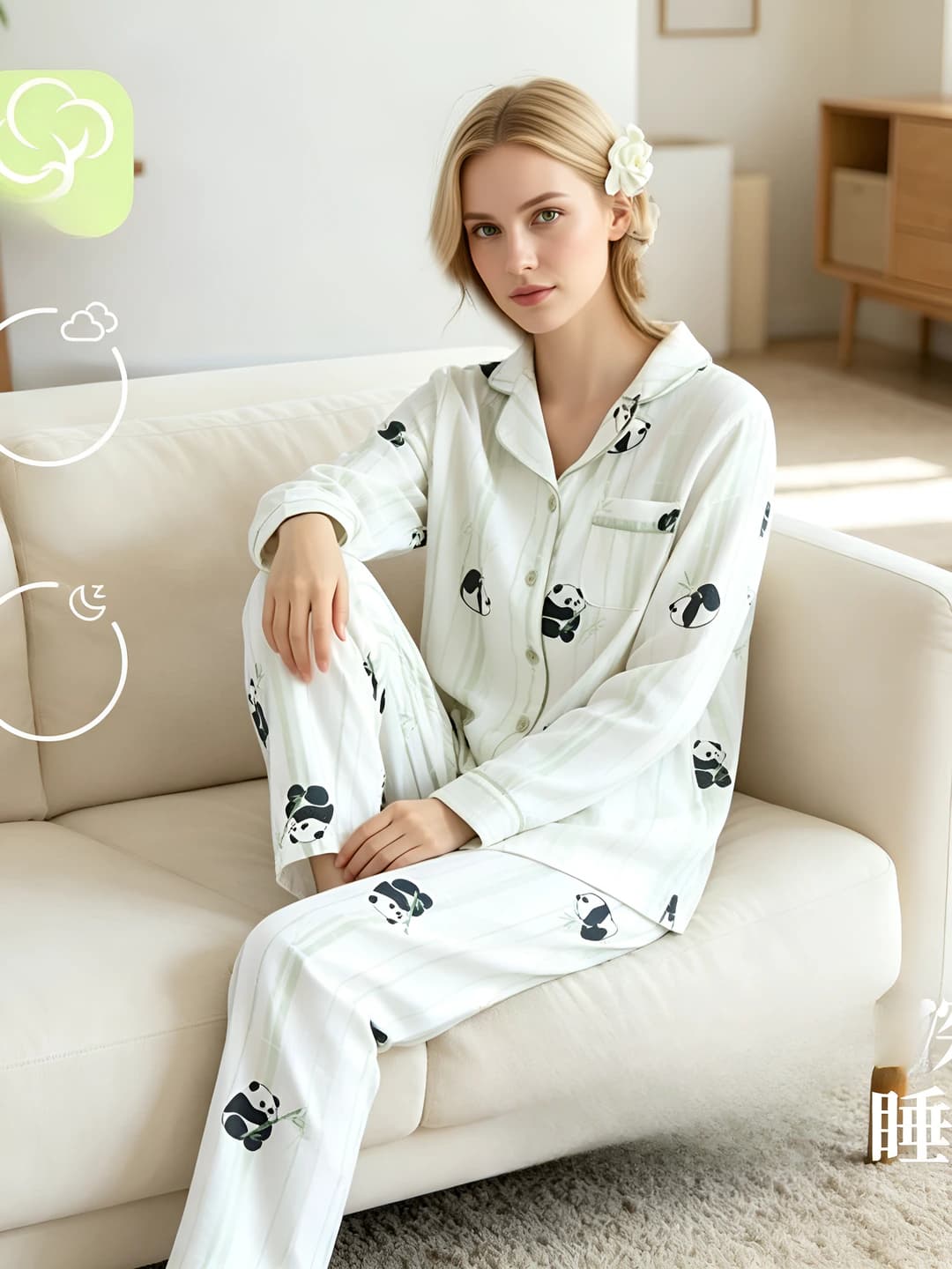 Women's pure cotton pajama set with lapel collar and long sleeves, printed, thin, all-season