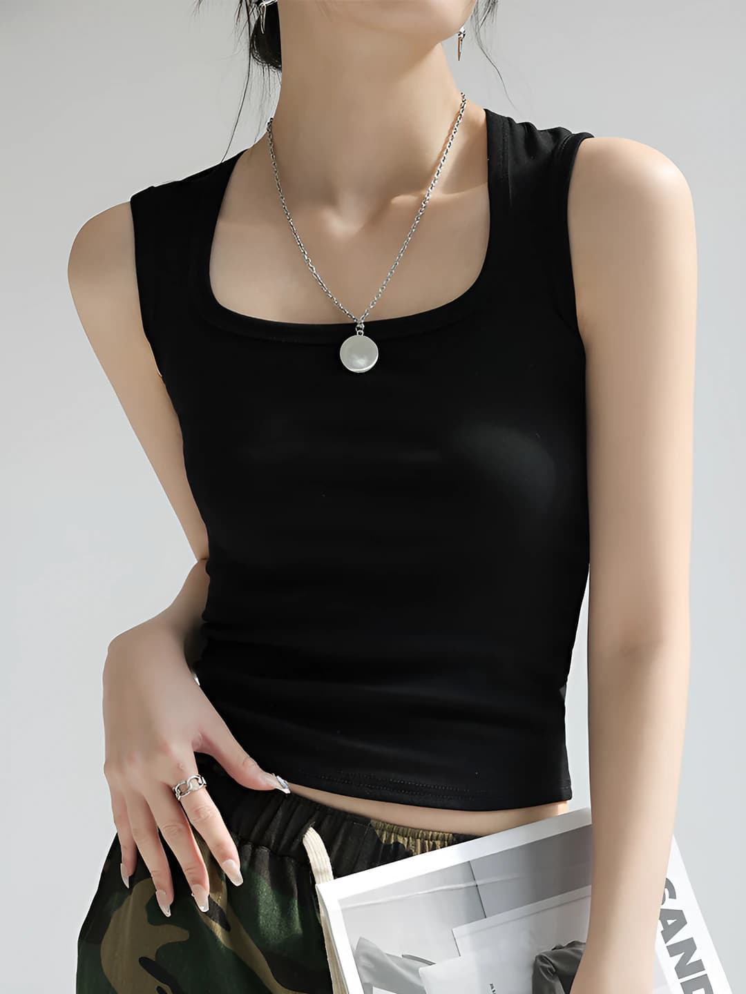 Women's summer black tank top, slim fit, slimming, 90% cotton, casual style