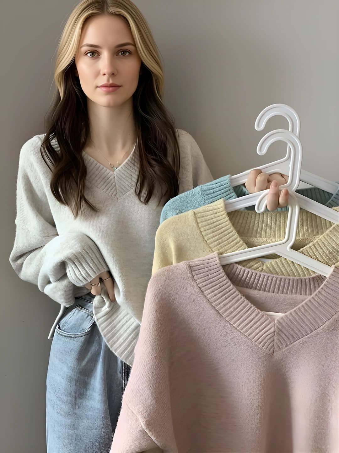 Women's V-neck pullover sweater, loose fit, long sleeve, Korean style, plus size, spring-autumn, 2026