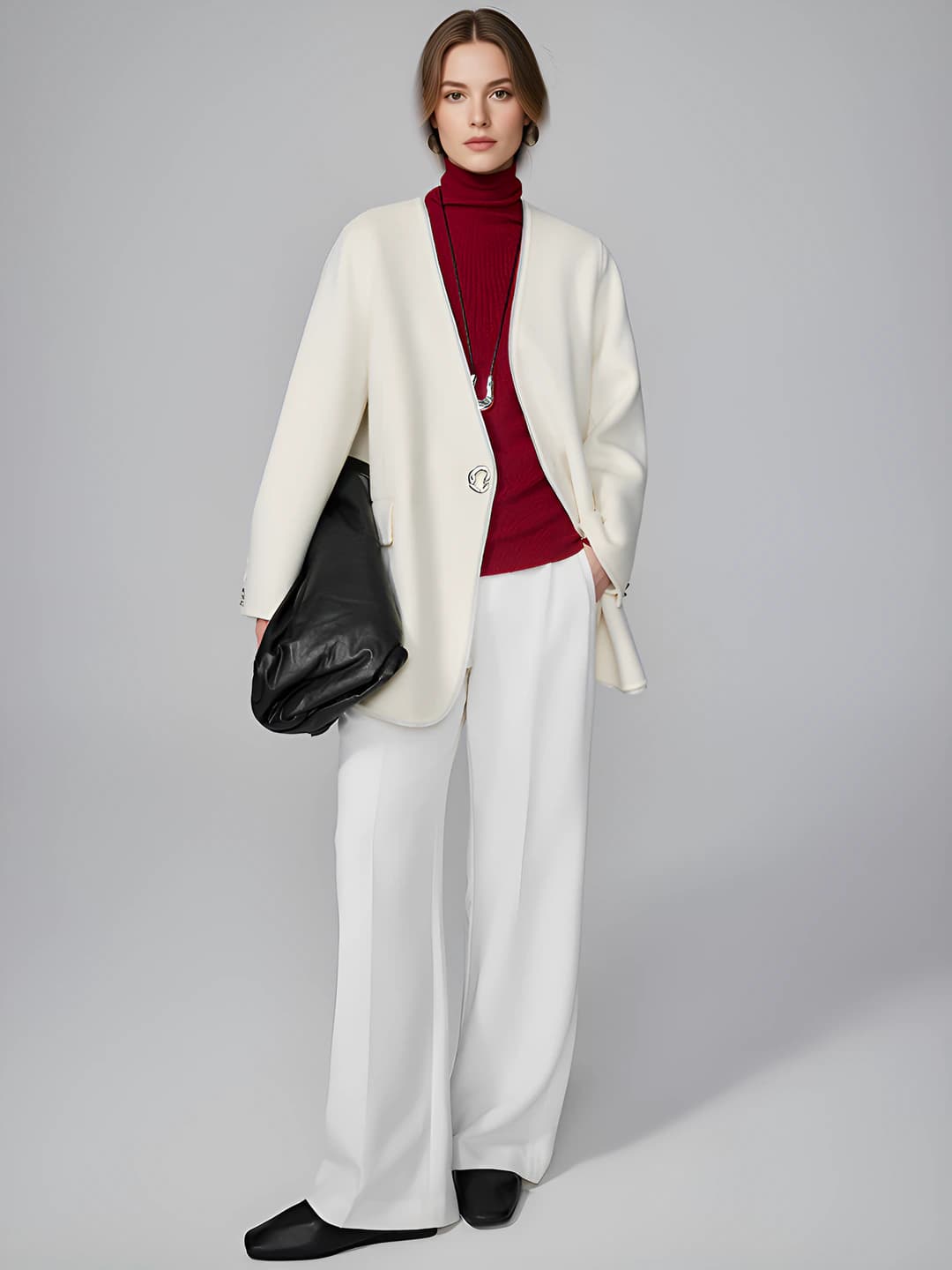 Women's blazer-style V-neck cashmere and wool coat, solid colour, organza patchwork design