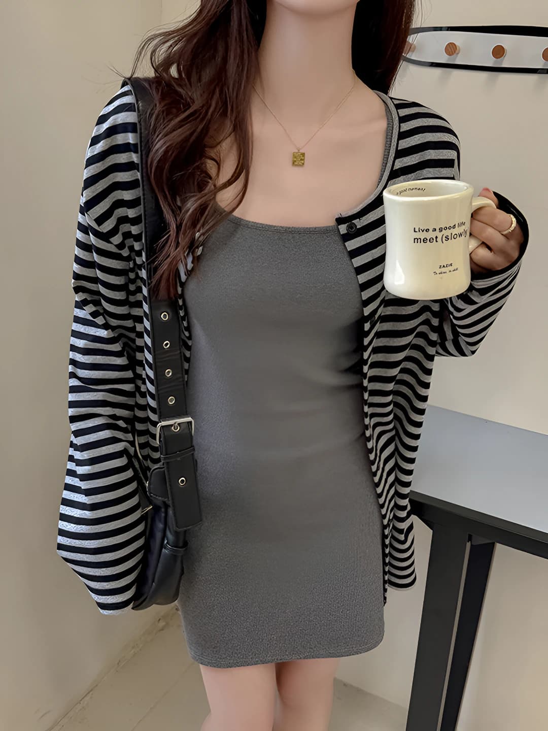 Women's spring-summer striped cotton cardigan, long sleeve, mid-length, loose fit, slimming, casual style