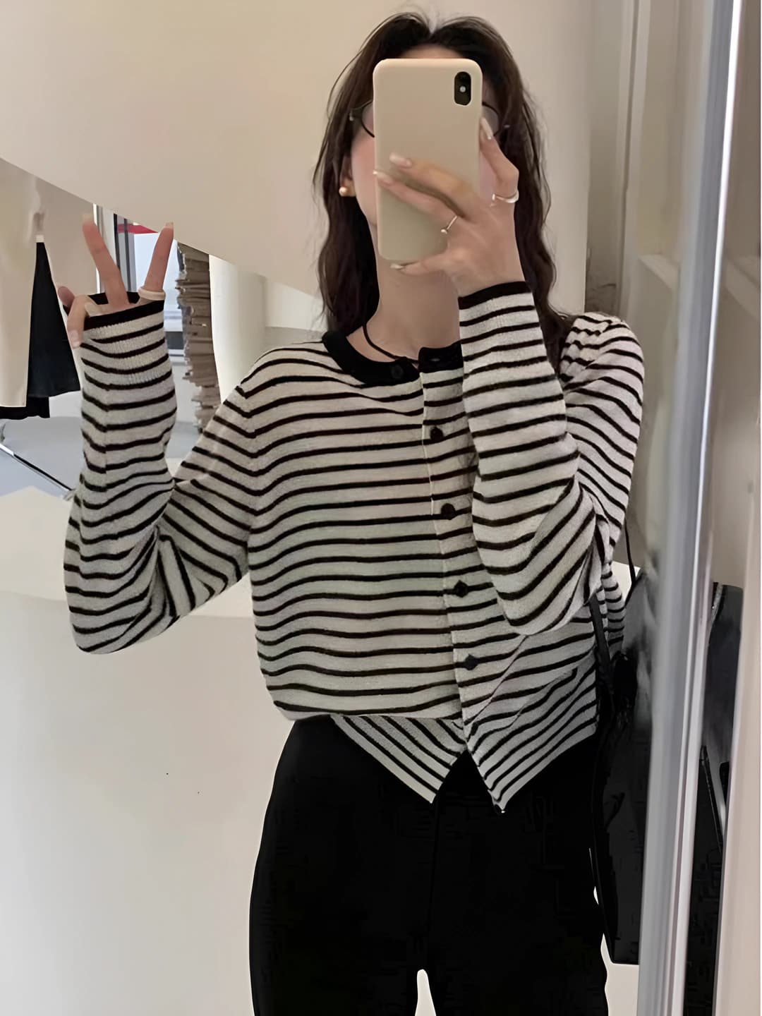 Women's striped retro knit top, loose fit, spring-autumn, crew neck, long sleeve, cropped, non-iron
