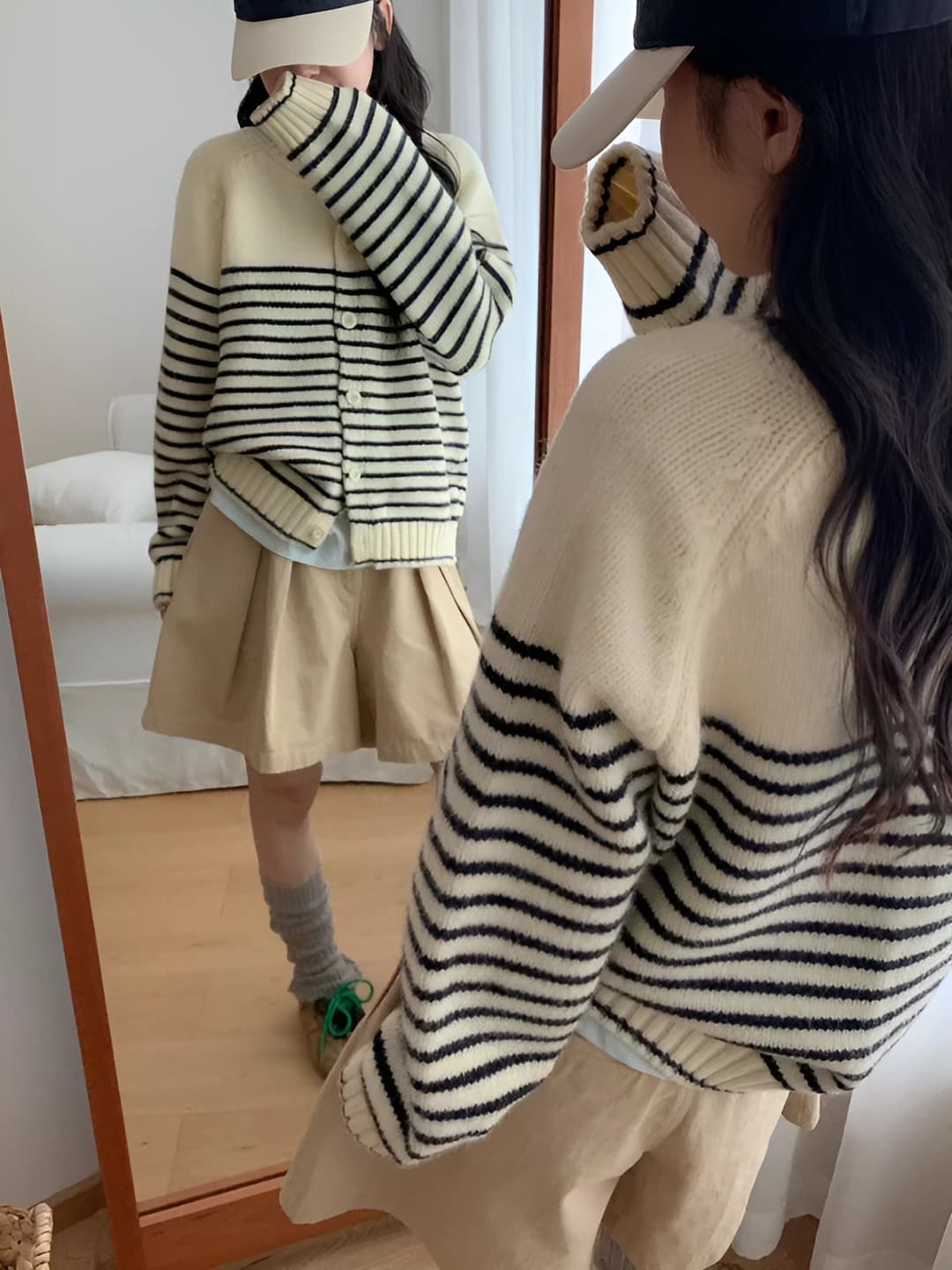 Women's knit cardigan in Korean style, crew neck, striped, loose fit, long sleeve, cropped, autumn-winter