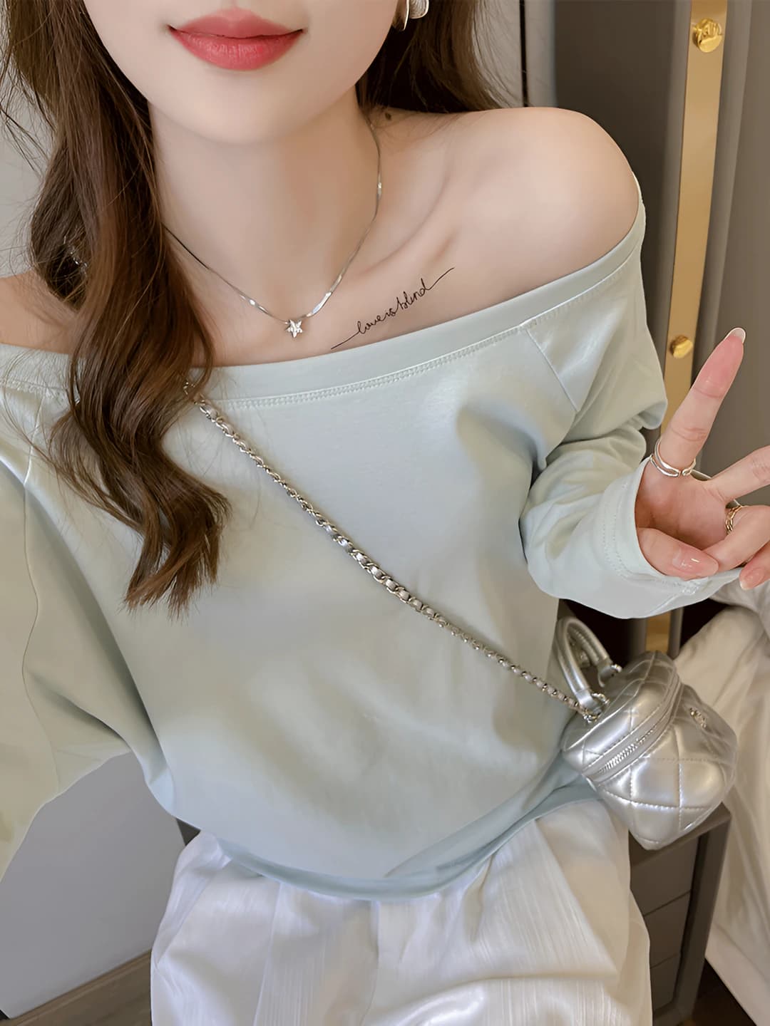 Women's off-shoulder long-sleeve top, spring-autumn, solid colour, loose fit, casual style
