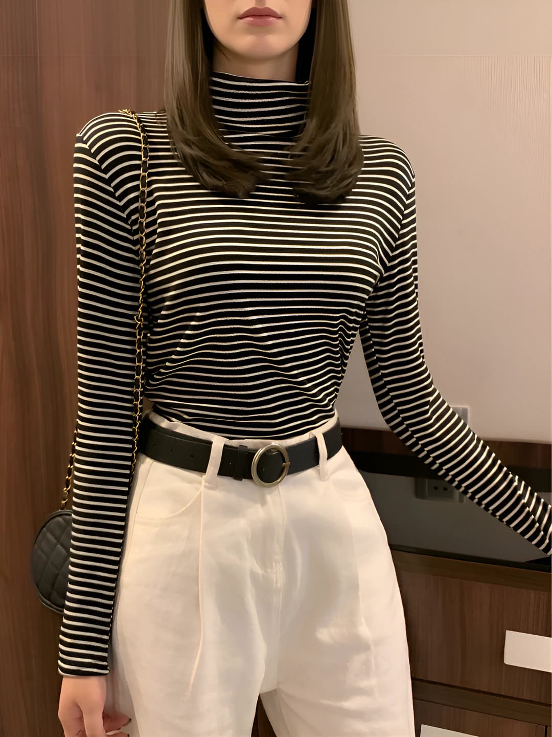 Women's long-sleeve striped mock-neck long-sleeve base top, slim fit, polyester, spring-autumn