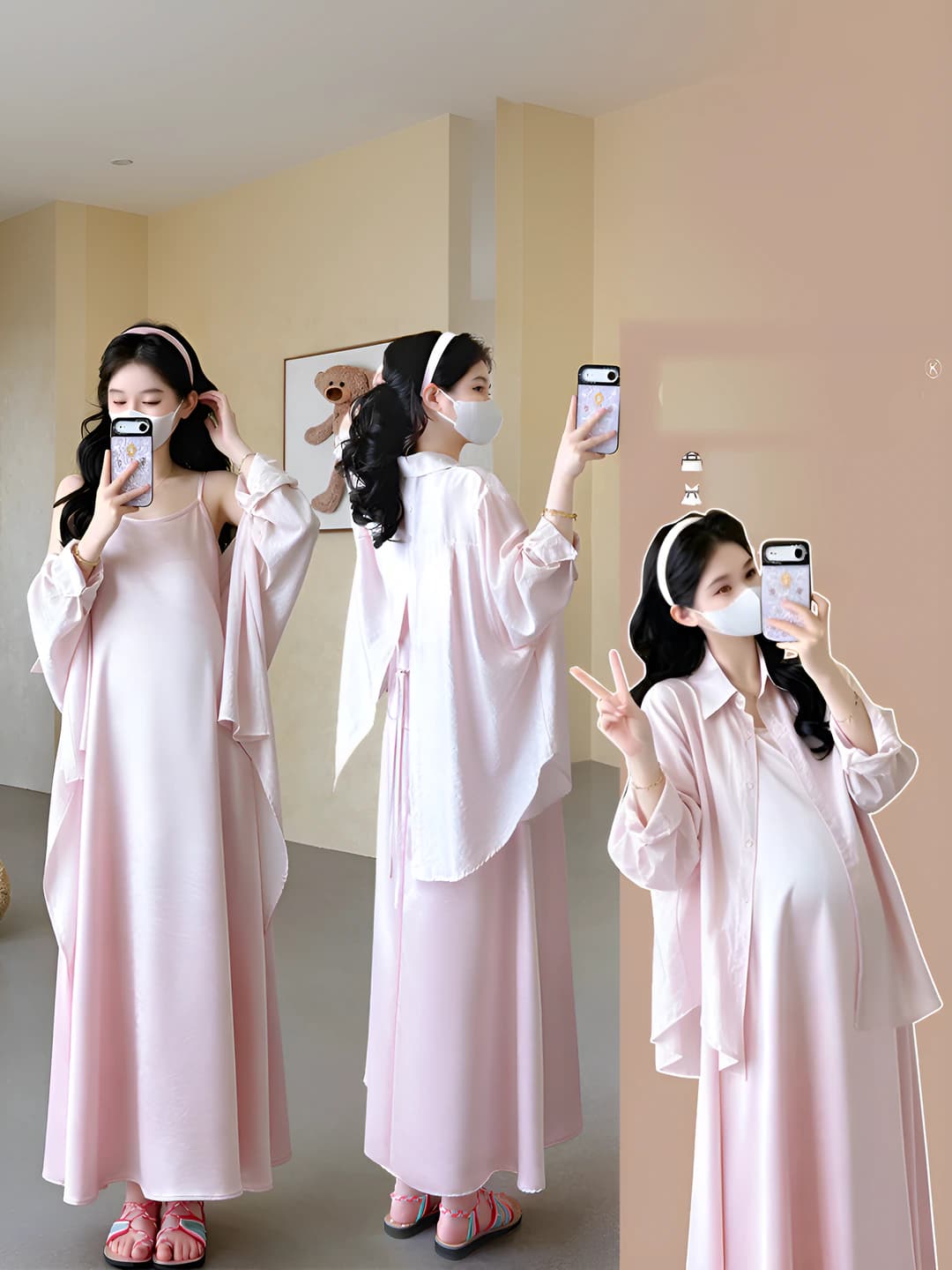 Женский комплект 2026 лето в корейском стиле стройнящий солнцезащитный с длинной юбкой: платье-комбинезон без рукавов однотонный из сатина и рубашка