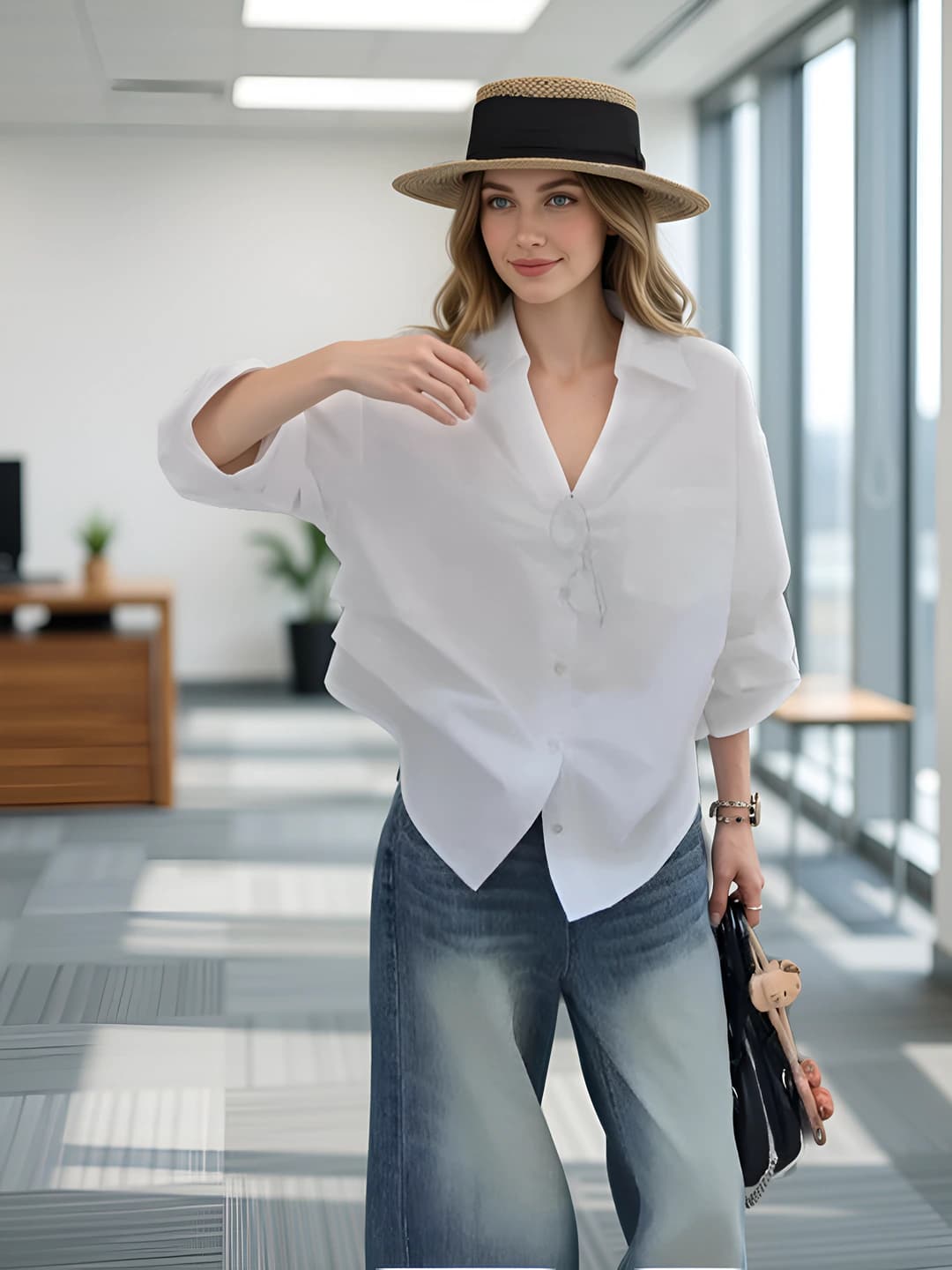Women's retro style white long sleeve shirt, summer, slimming, solid colour, loose fit