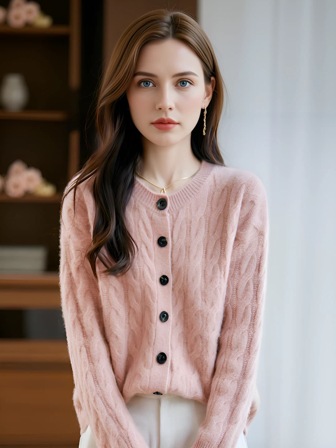 Women's 100% wool crew neck cable knit thickened loose fit knit cardigan for autumn-winter