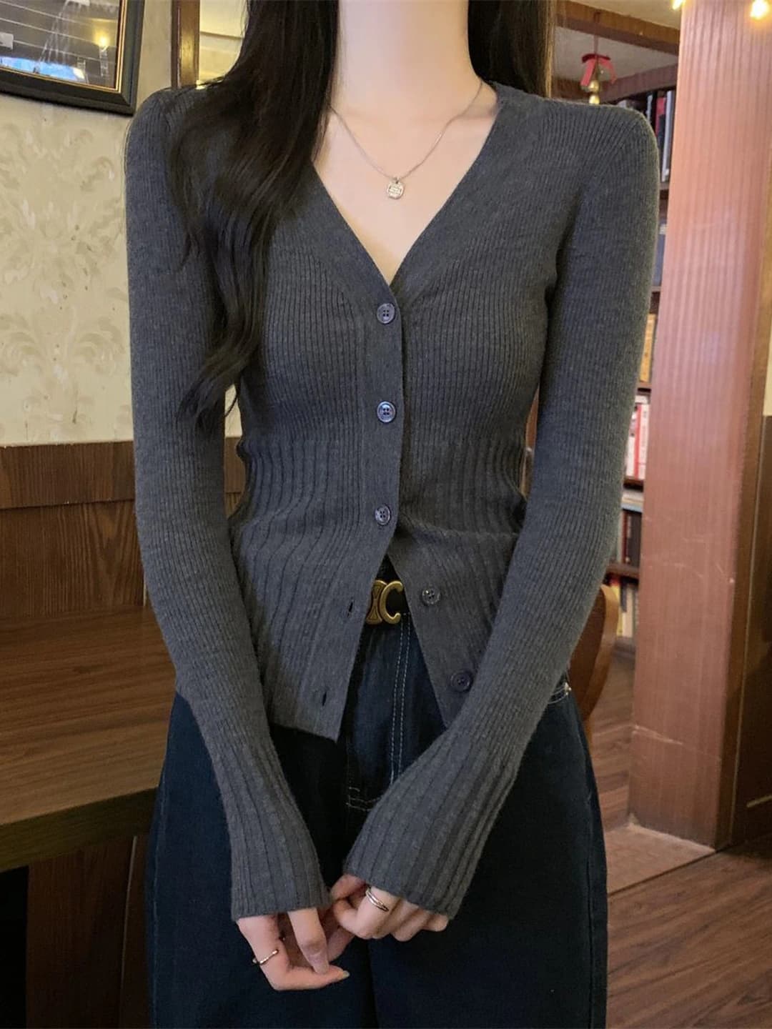 Women's autumn-winter V-neck slim fit slimming solid colour cardigan