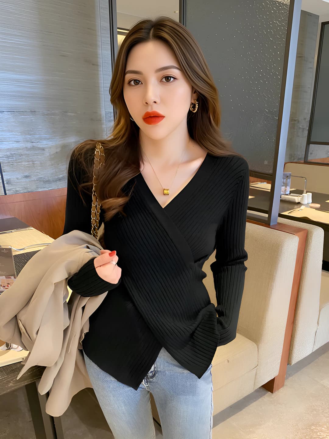 Women's V-neck cross-wrap knitted pullover sweater, autumn-winter 2026, slim fit, long sleeve, solid colour