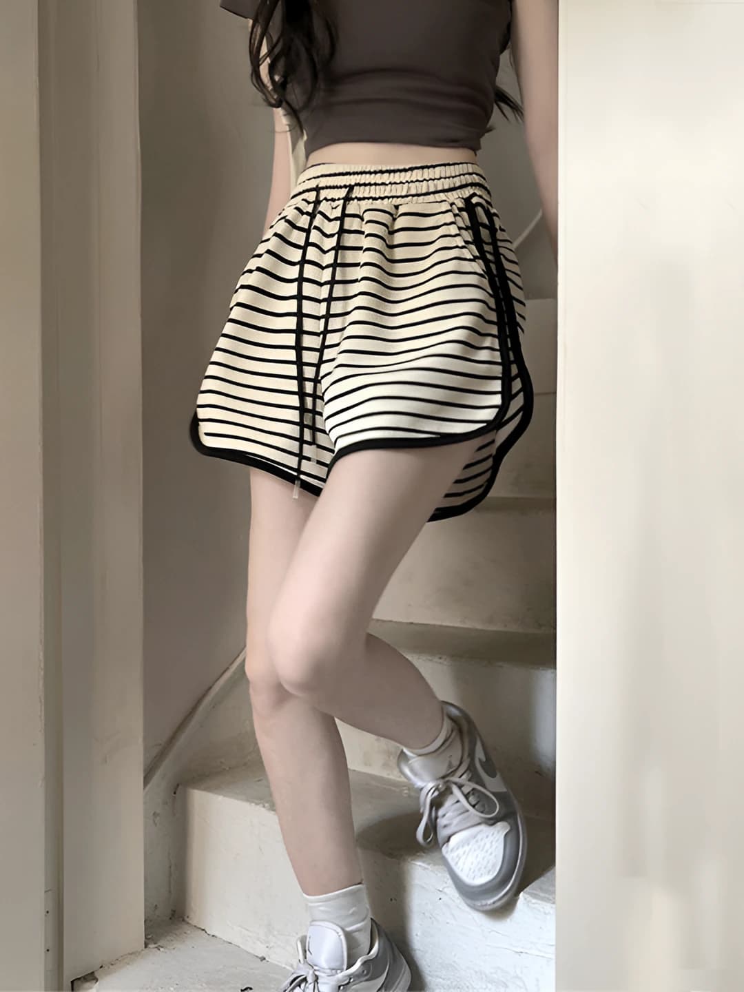 Women's casual striped high-waist drawstring sports shorts, Korean style, summer 2026