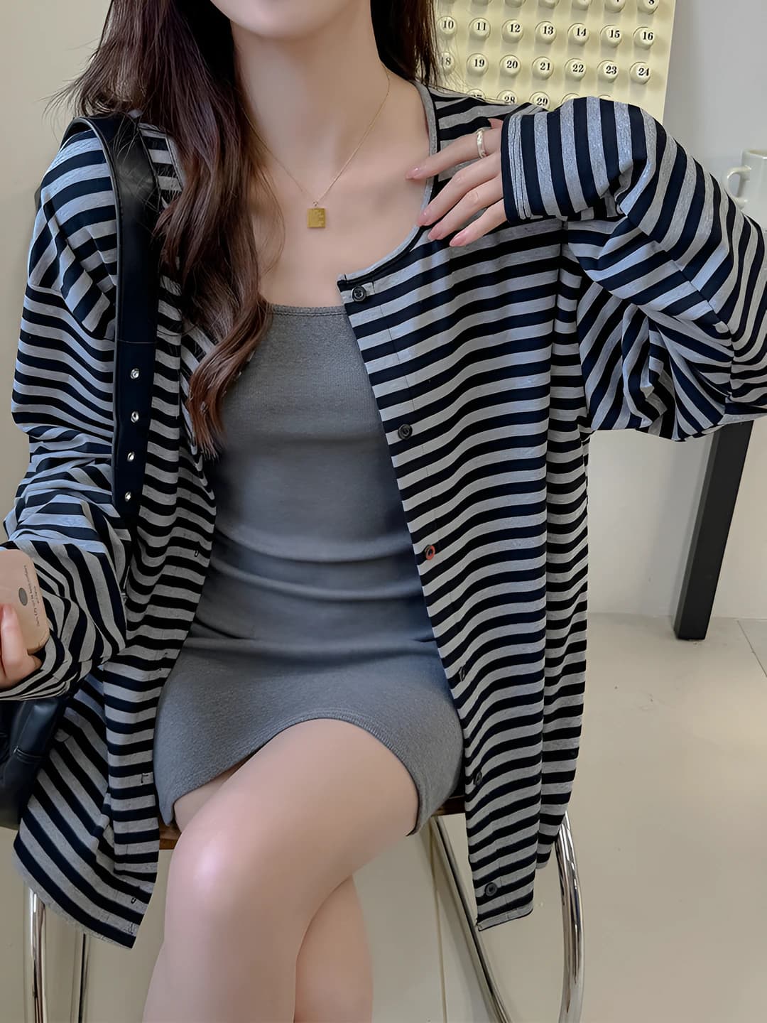 Women's retro striped cardigan, spring-summer, loose fit, long sleeve, mid-length, button collar