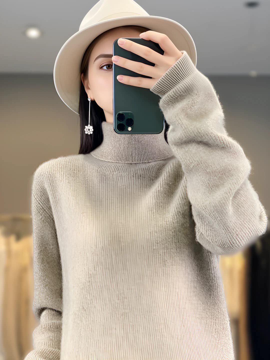 Women's high neck loose fit sweater in Korean style, autumn-winter, solid colour, long sleeve, knit