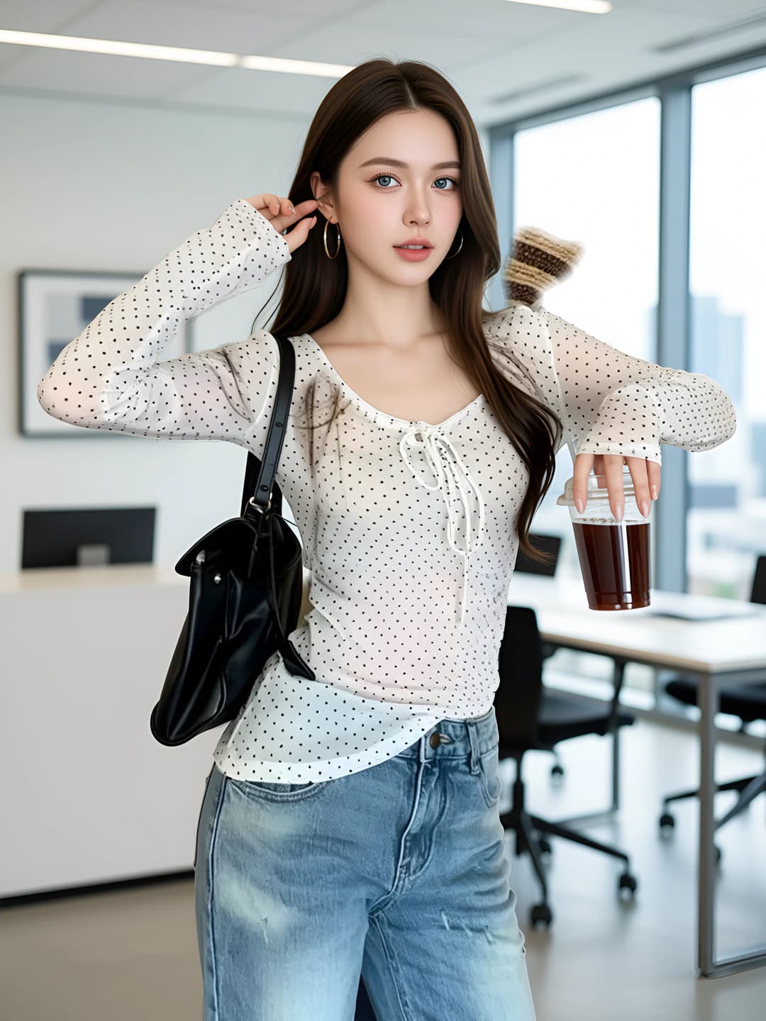 Women's long-sleeve polka-dot V-neck thin slim fit spring t-shirt