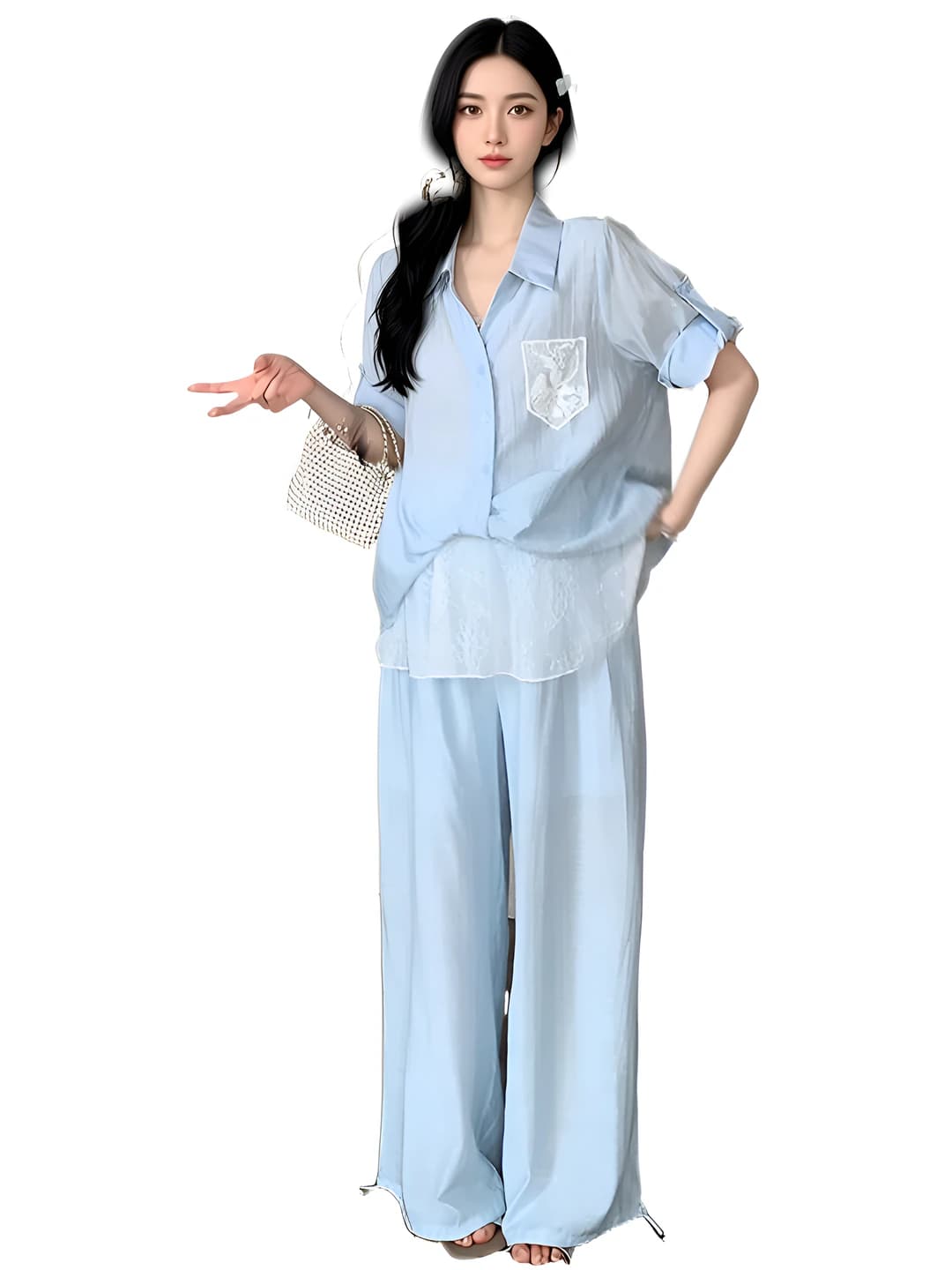 Ayollar uchun 2026 yilgi yozgi koreys uslubidagi bo'sh (oversize) dantelli ko'ylak-shirt va keng shim to'plami