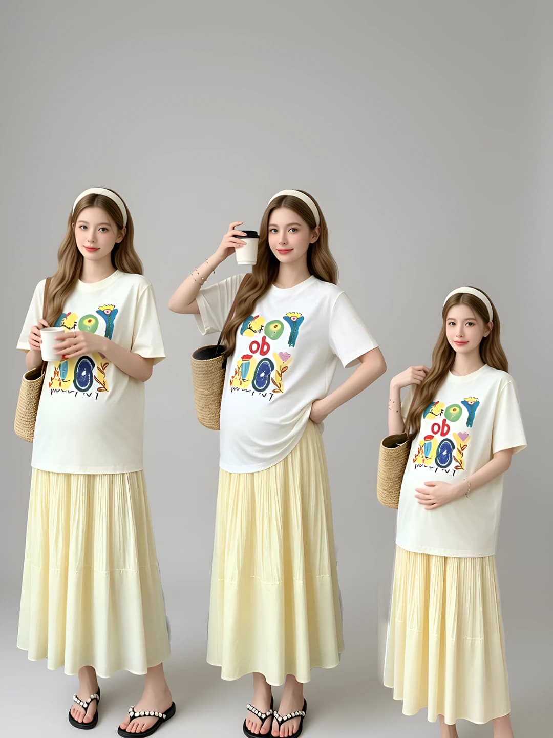 Women's 2026 summer maternity clothing set, anime printed t-shirt top and pleated skirt, youthful look