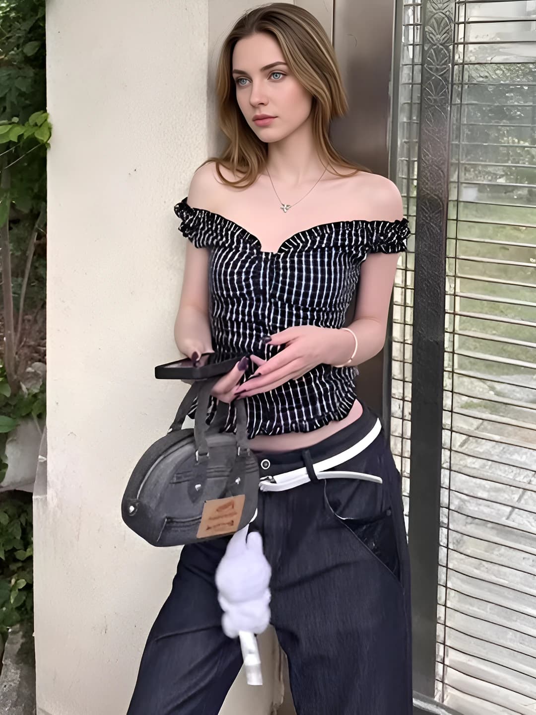 Women's top with dropped shoulders, checked pattern, short sleeve, slim fit, slimming, summer