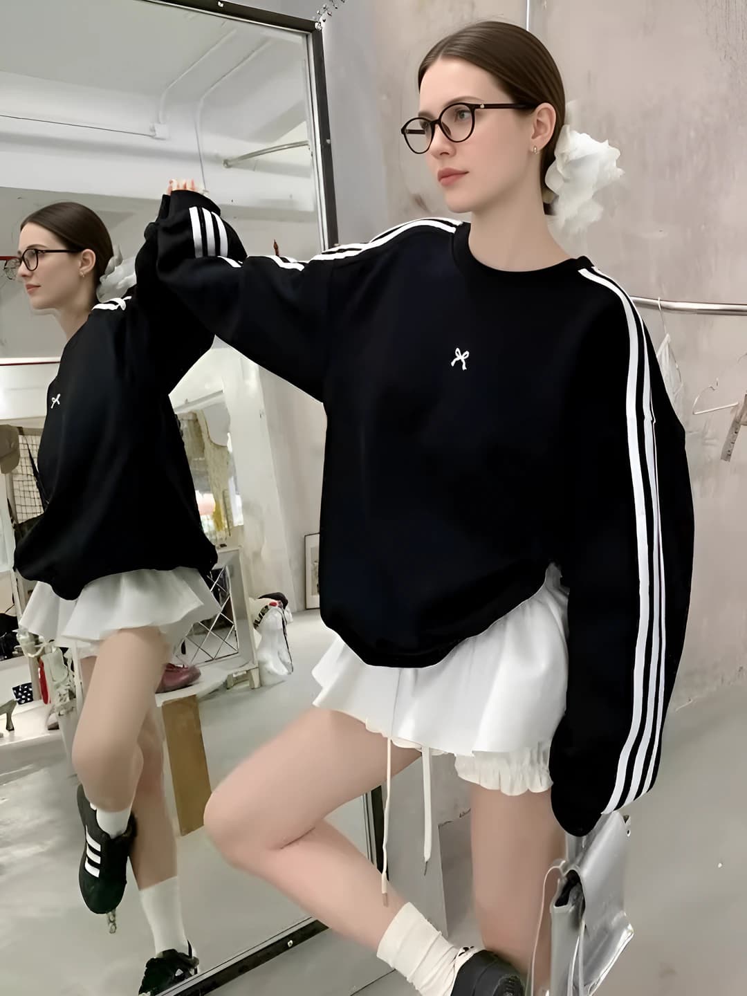 Women's autumn Korean style embroidered bow pattern crew neck long sleeve loose fit slimming mid-length sweatshirt