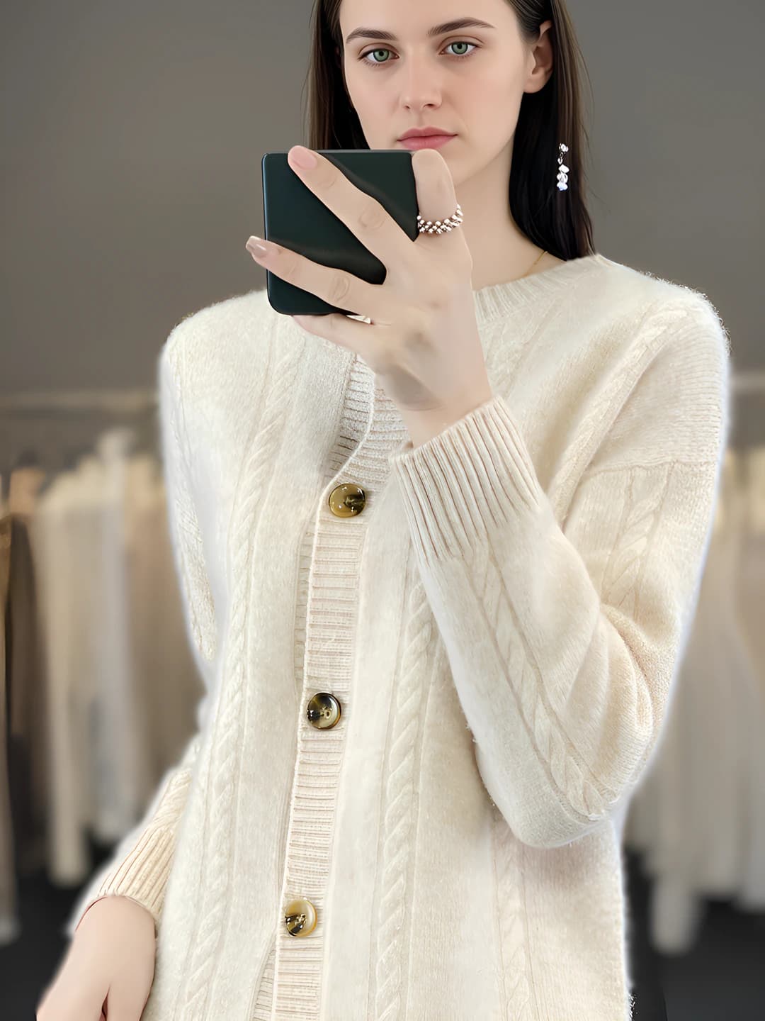 Women's 2026 autumn-winter Korean style retro cable knit crew neck solid colour loose fit slimming long sleeve knit cardigan